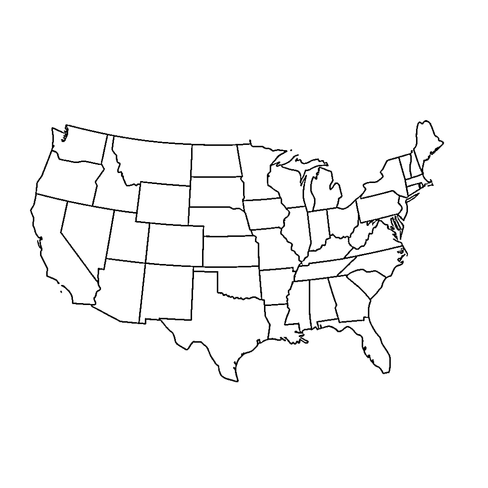 Map of the United States Coloring Page (free black-and-white line drawing printable PDF for all, from beginners to advanced learners, including children, teens, adults, and seniors)