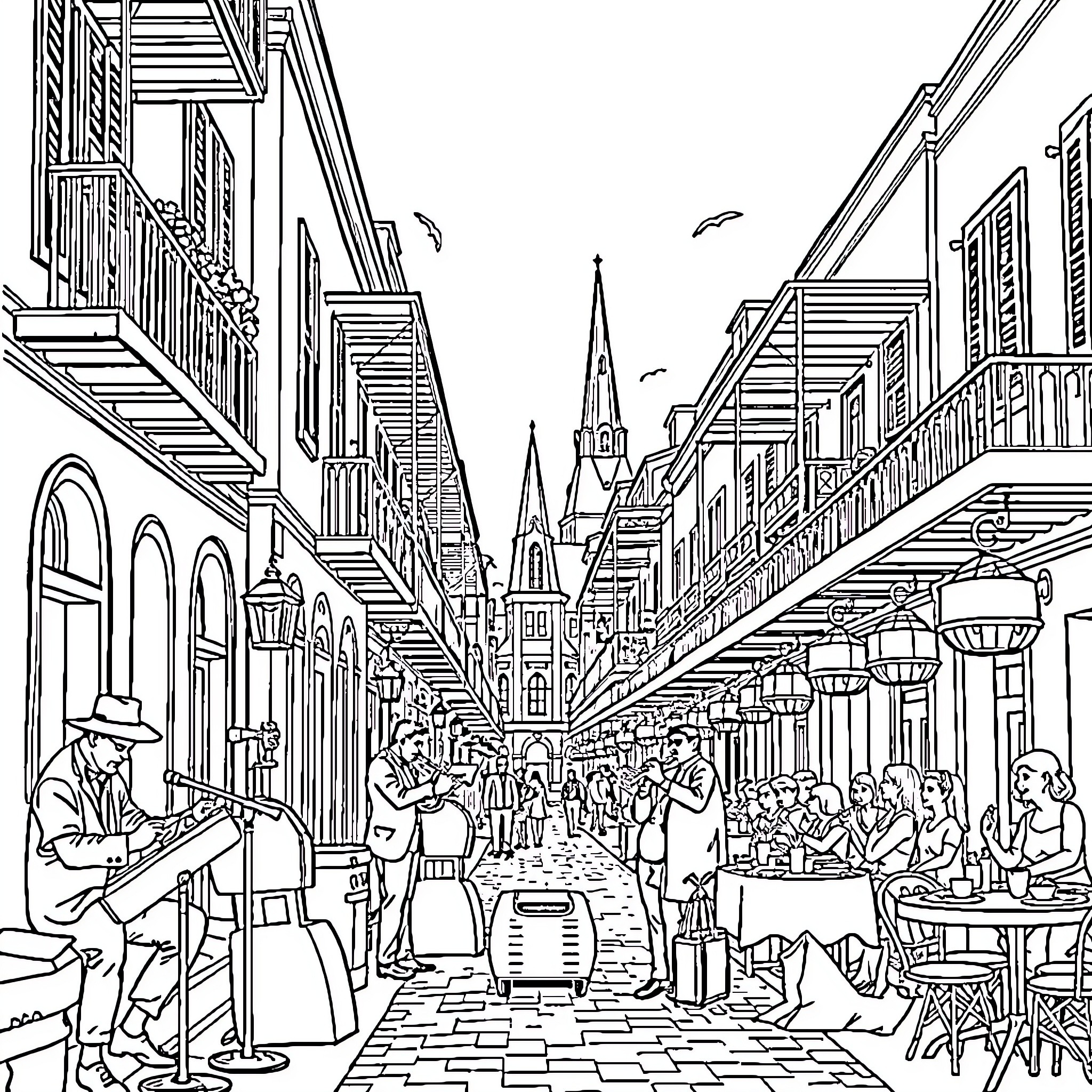 New Orleans Street Scene with Performers and Crowds Coloring Page (free black-and-white line drawing printable PDF for all, from beginners to advanced learners, including children, teens, adults, and seniors)