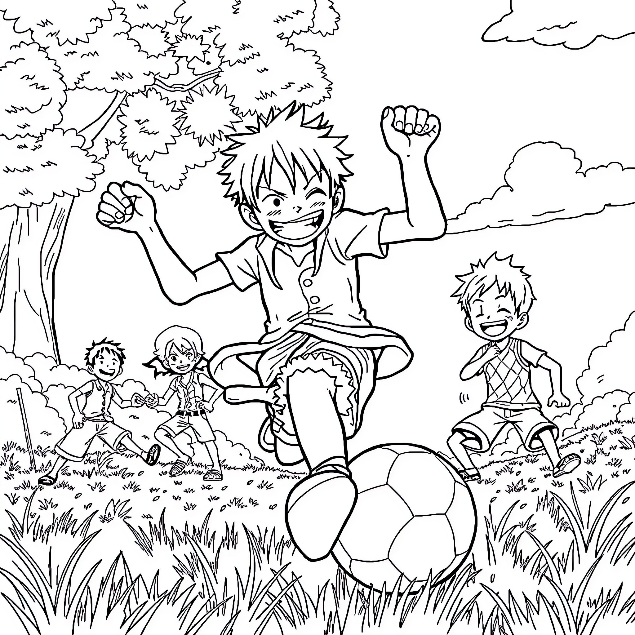 Luffy's Joyful Outdoor Adventure with Friends Coloring Page (free black-and-white line drawing printable PDF for all, from beginners to advanced learners, including children, teens, adults, and seniors)