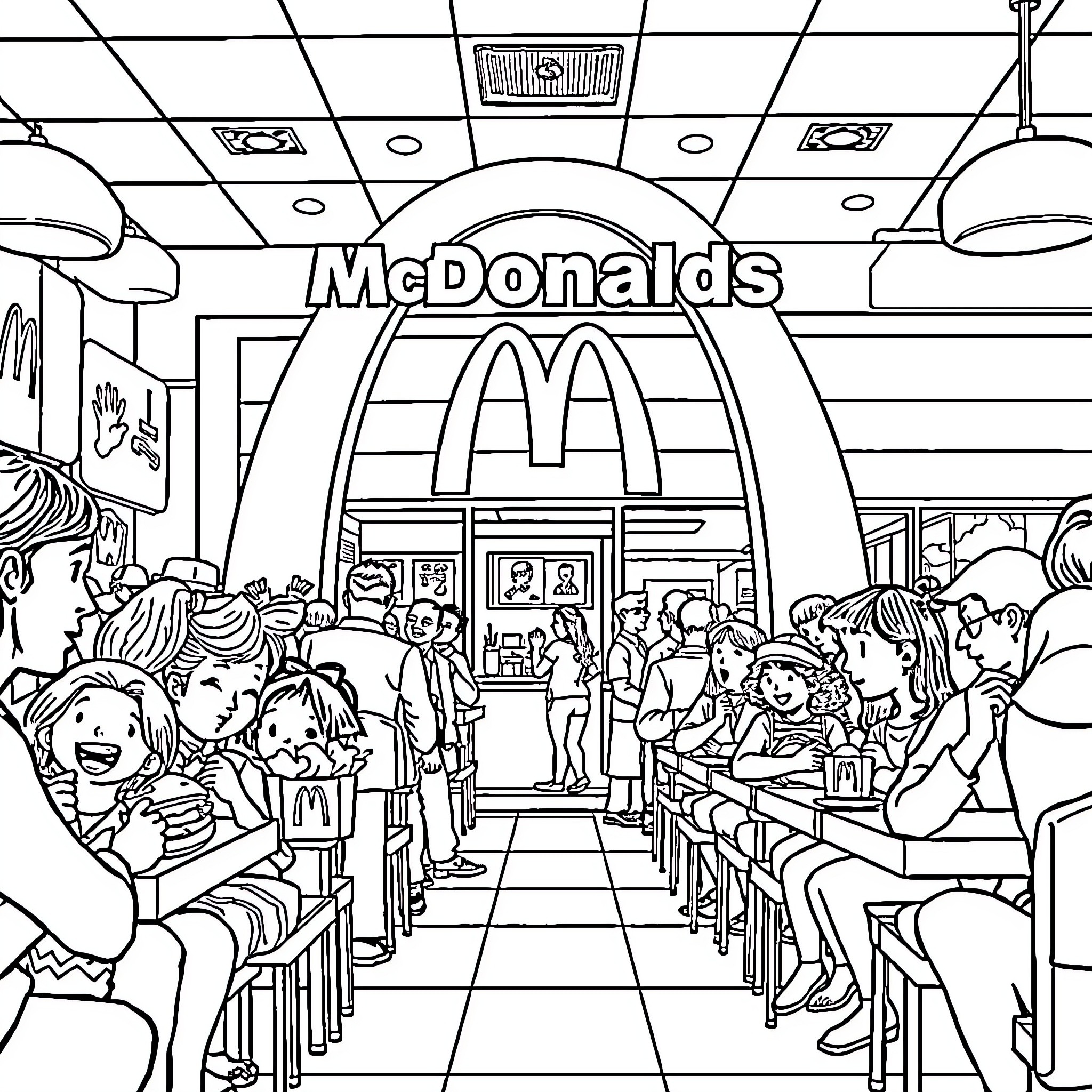 Bustling McDonald's restaurant with customers Coloring Page (free black-and-white line drawing printable PDF for all, from beginners to advanced learners, including children, teens, adults, and seniors)
