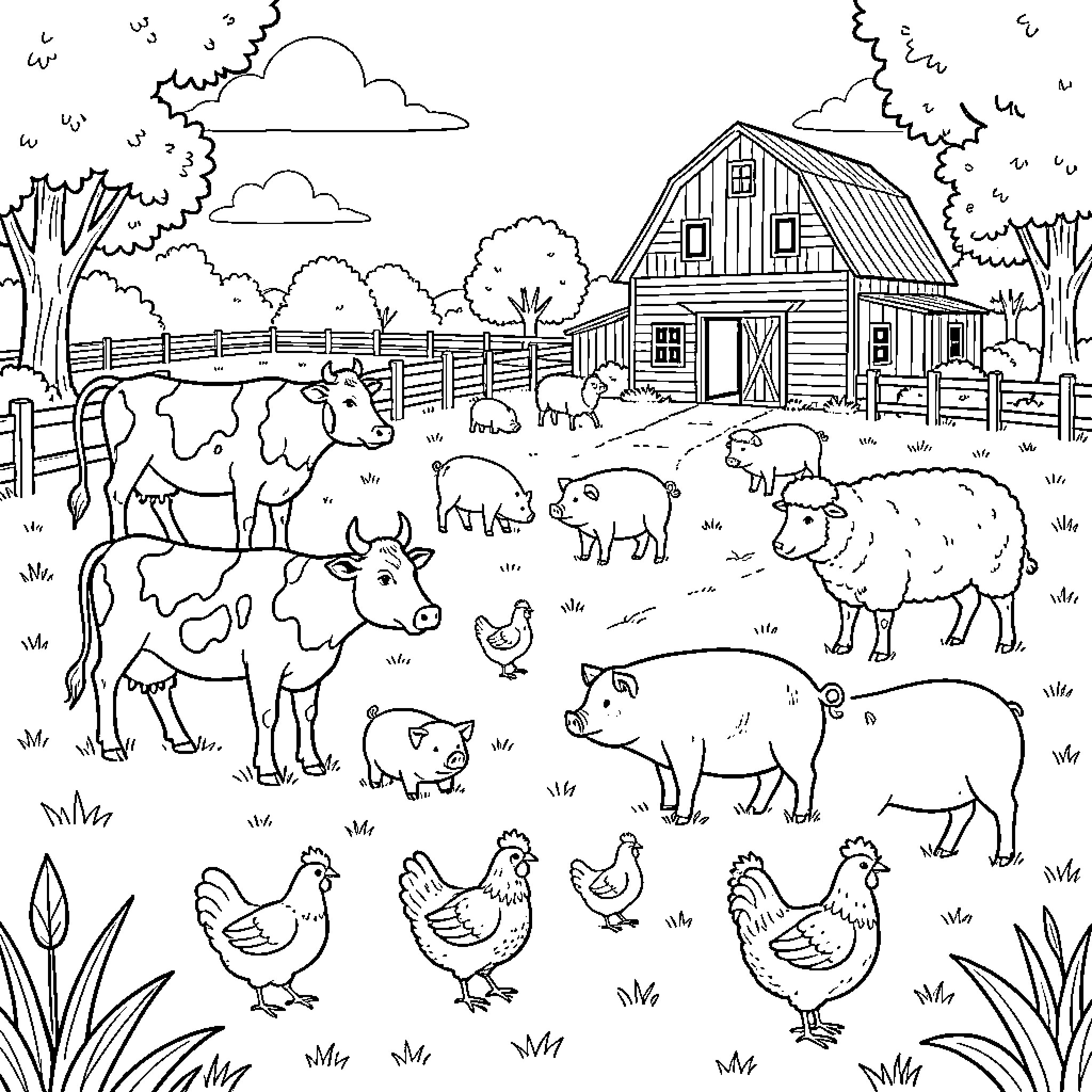 Farm Animal gathering in front of a barn Coloring Page (free black-and-white line drawing printable PDF for all, from beginners to advanced learners, including children, teens, adults, and seniors)