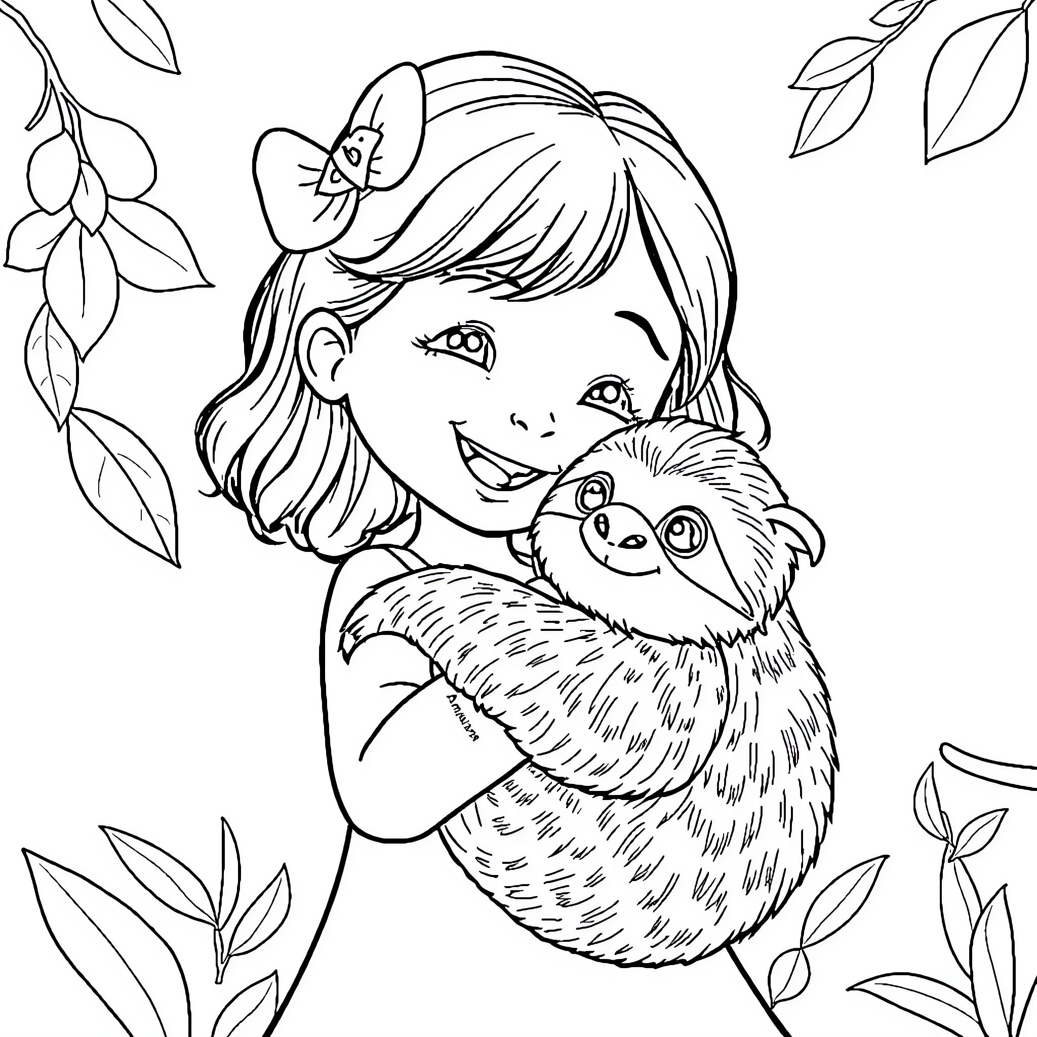 Girl petting a cute sloth in nature Coloring Page (free black-and-white line drawing printable PDF for all, from beginners to advanced learners, including children, teens, adults, and seniors)