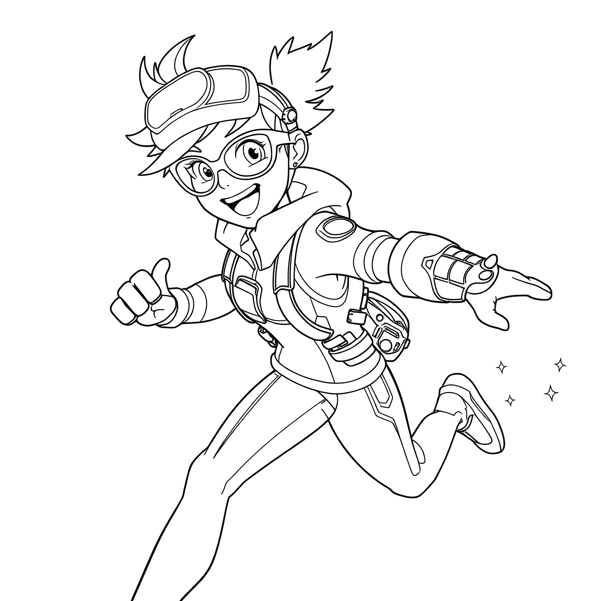 Tracer - Cybernetically Enhanced Spy in Action Coloring Page (free black-and-white line drawing printable PDF for all, from beginners to advanced learners, including children, teens, adults, and seniors)