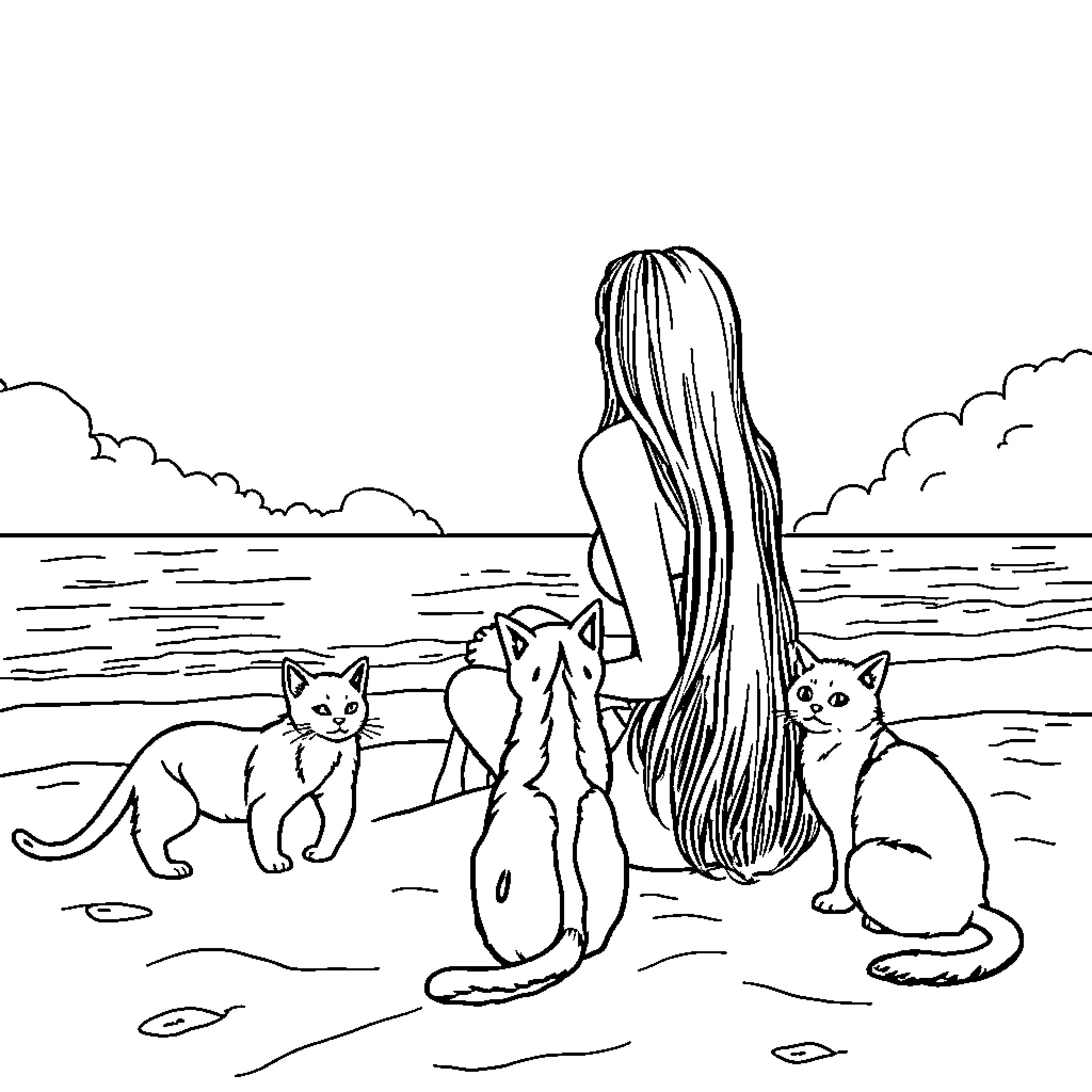 Woman with long hair relaxing by the beach with cats Coloring Page (free black-and-white line drawing printable PDF for all, from beginners to advanced learners, including children, teens, adults, and seniors)