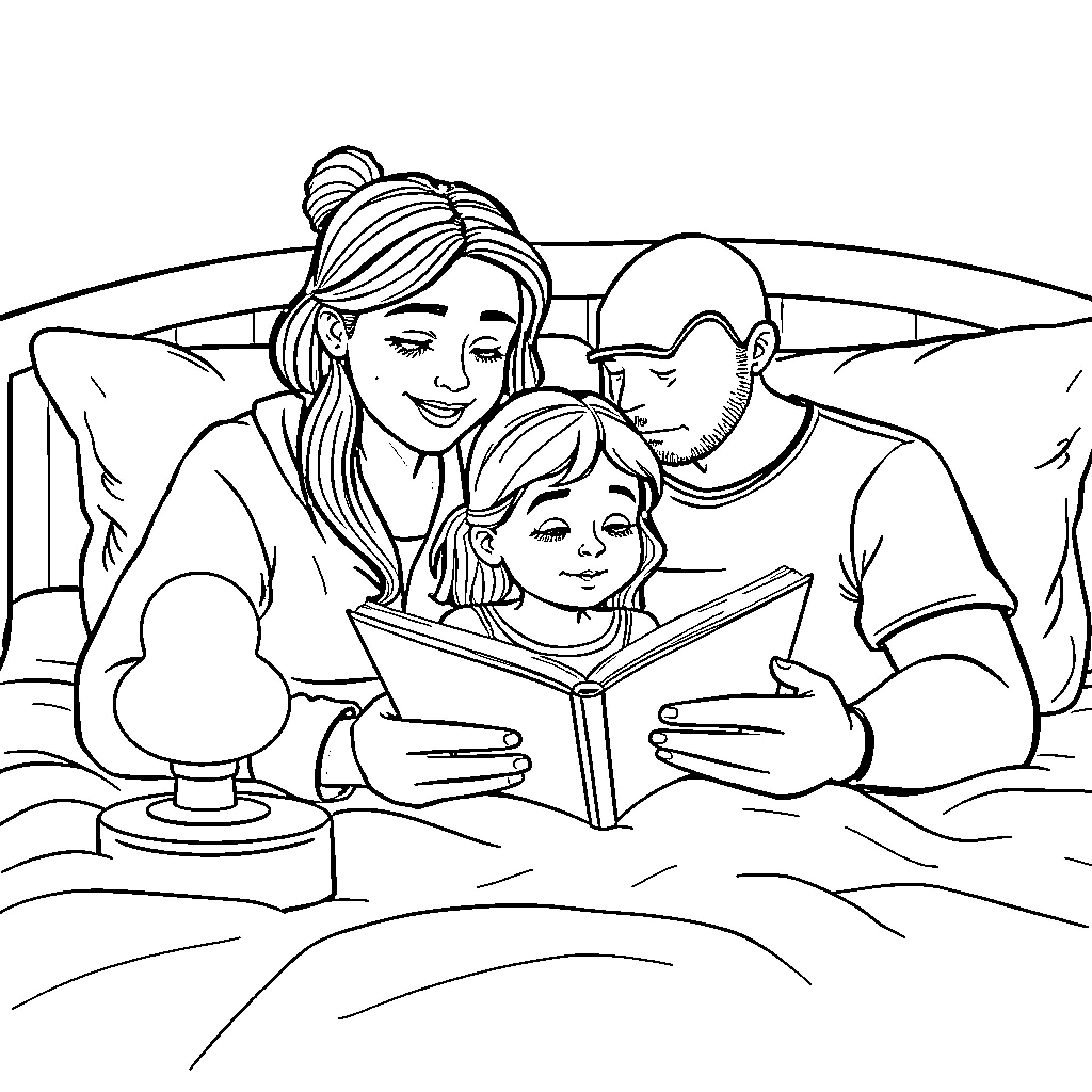 Family Reading Together in Cozy Living Room Coloring Page (free black-and-white line drawing printable PDF for all, from beginners to advanced learners, including children, teens, adults, and seniors)