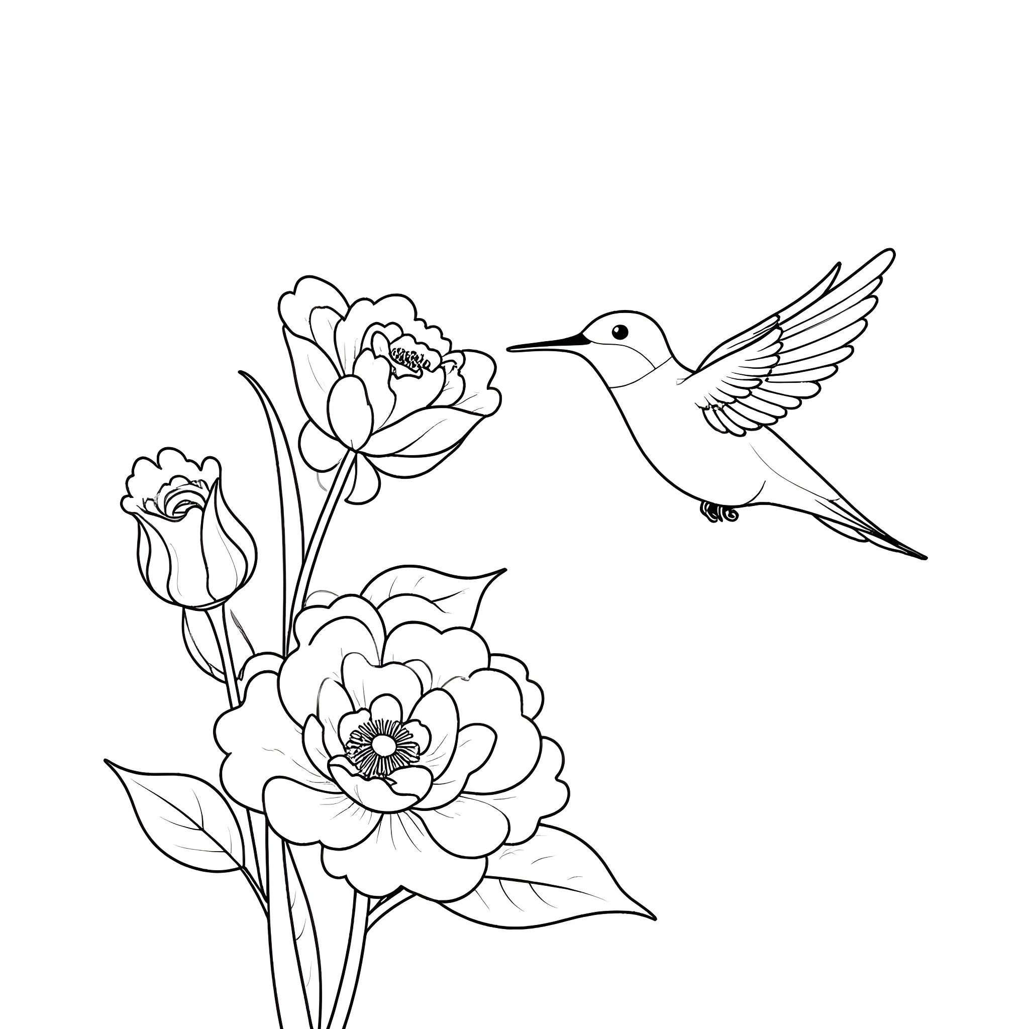 Hummingbird fluttering near blooming flowers Coloring Page (free black-and-white line drawing printable PDF for all, from beginners to advanced learners, including children, teens, adults, and seniors)