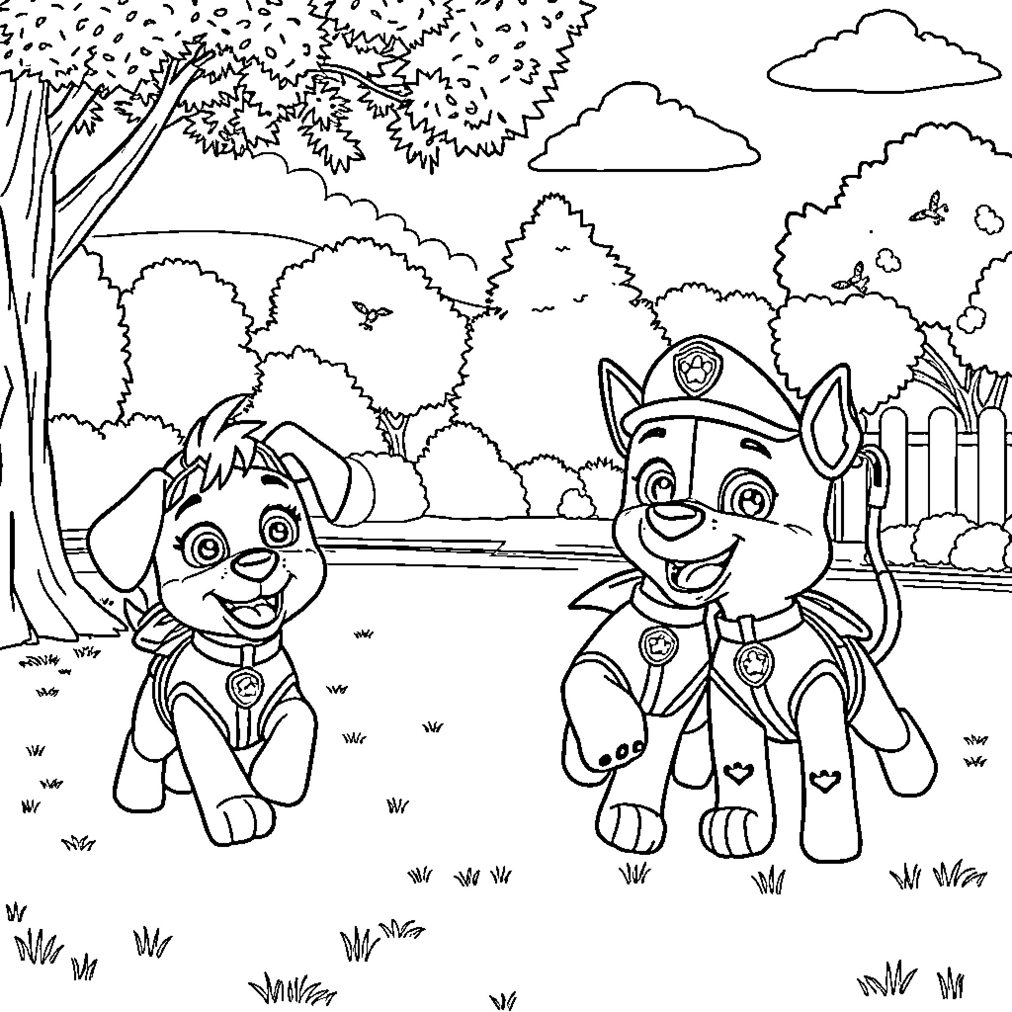 Paw Patrol Pups Exploring the Outdoors Coloring Page (free black-and-white line drawing printable PDF for all, from beginners to advanced learners, including children, teens, adults, and seniors)