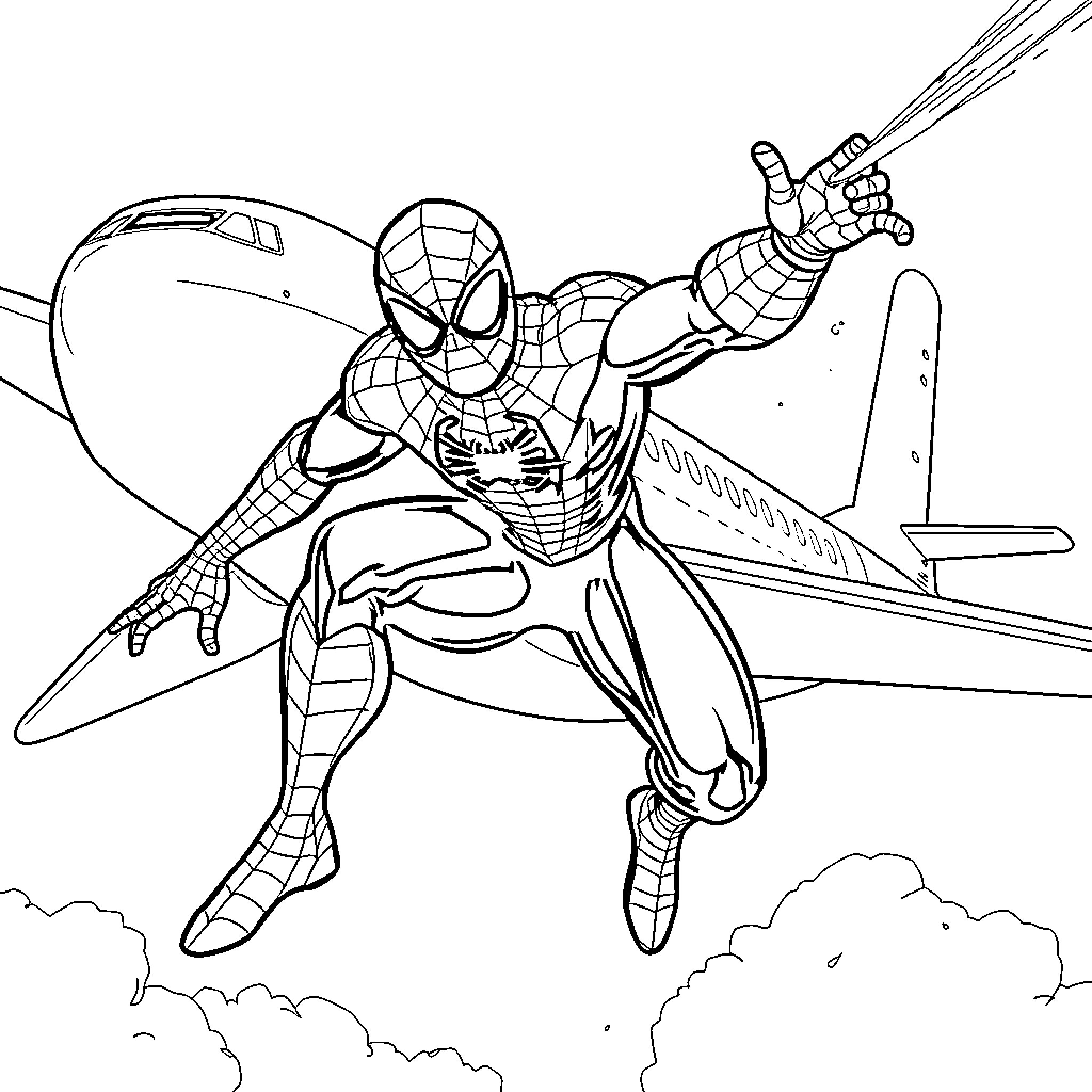 Spiderman swinging heroically over the city Coloring Page (free black-and-white line drawing printable PDF for all, from beginners to advanced learners, including children, teens, adults, and seniors)