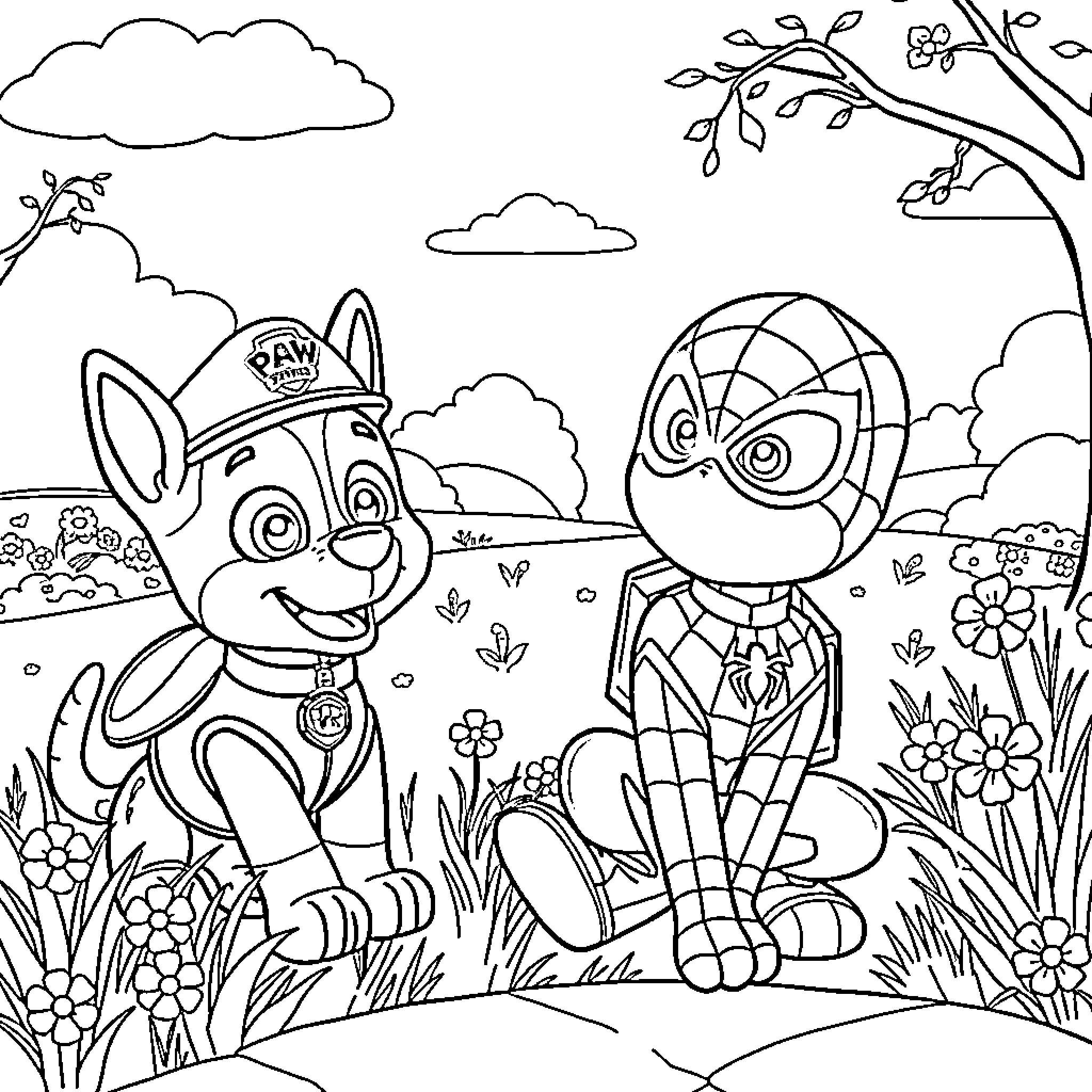 Paw Patrol characters in a nature scene Coloring Page (free black-and-white line drawing printable PDF for all, from beginners to advanced learners, including children, teens, adults, and seniors)
