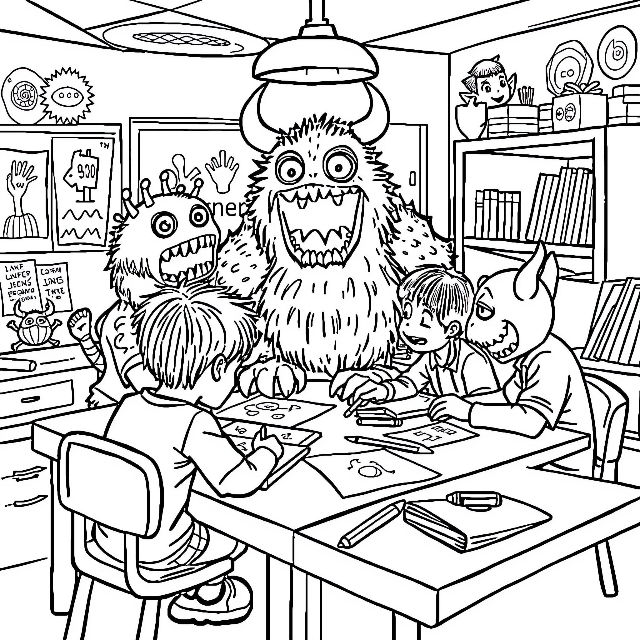 Monster Helps Children with Art and Crafts in Classroom Coloring Page (free black-and-white line drawing printable PDF for all, from beginners to advanced learners, including children, teens, adults, and seniors)