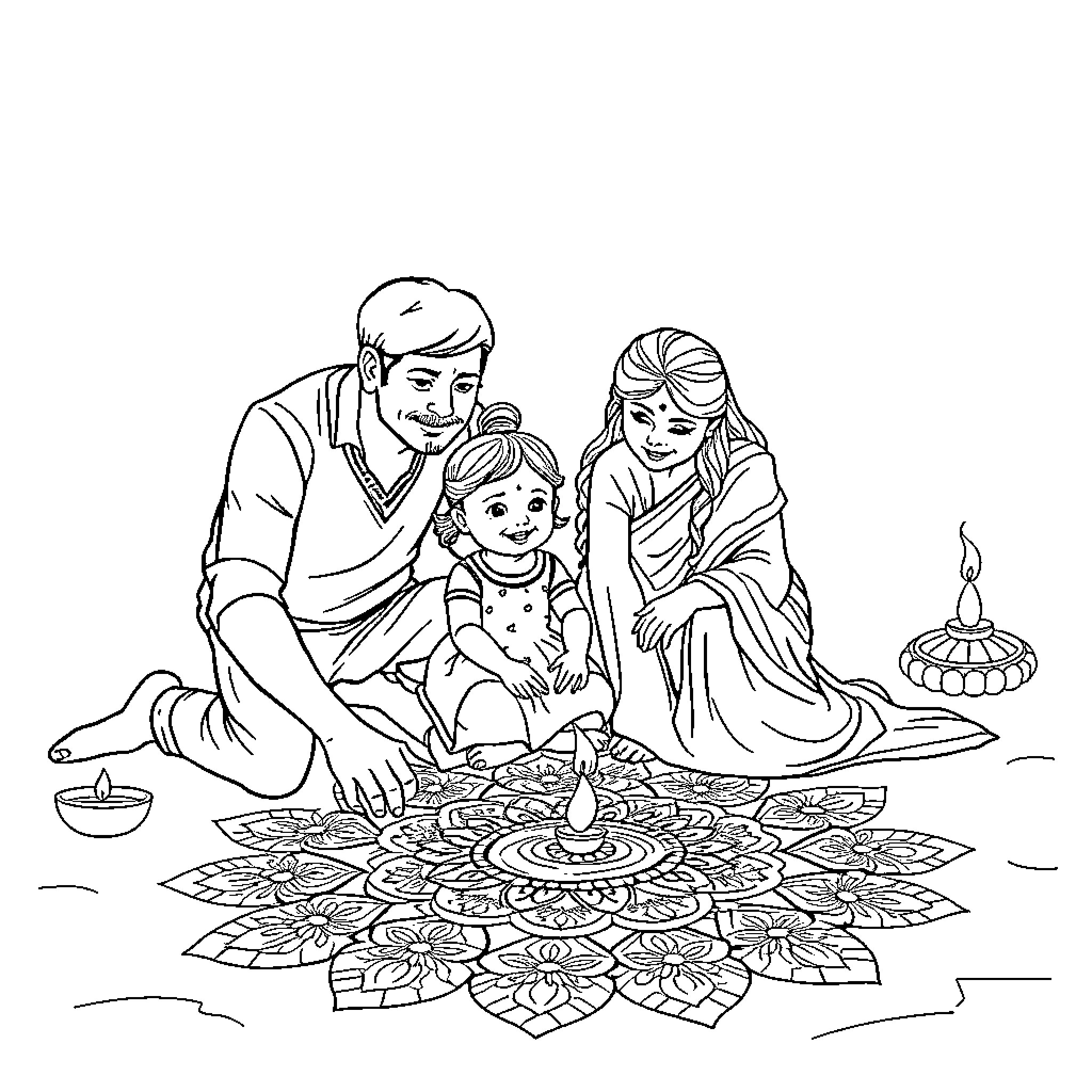 Family enjoying a traditional celebration together Coloring Page (free black-and-white line drawing printable PDF for all, from beginners to advanced learners, including children, teens, adults, and seniors)