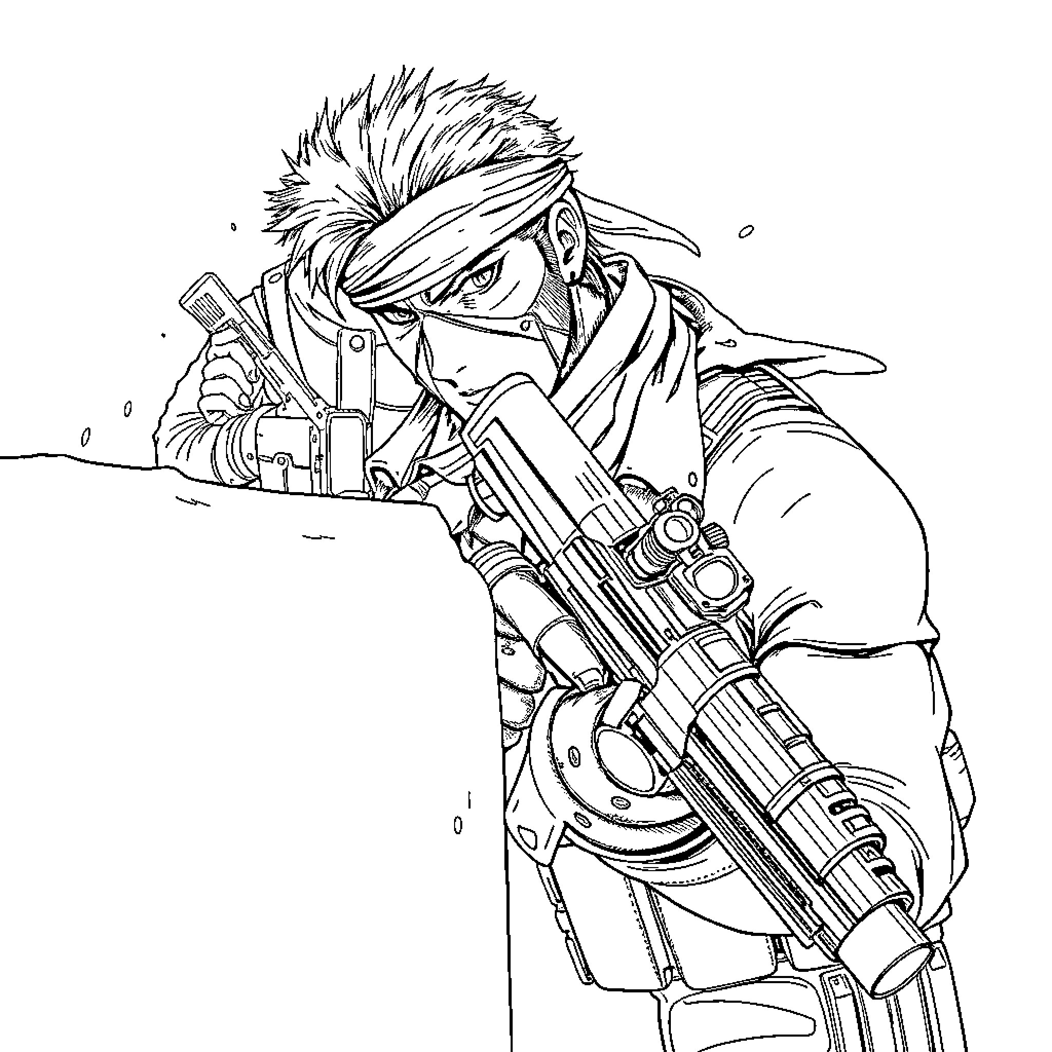 Solid Snake in action with military gear Coloring Page (free black-and-white line drawing printable PDF for all, from beginners to advanced learners, including children, teens, adults, and seniors)