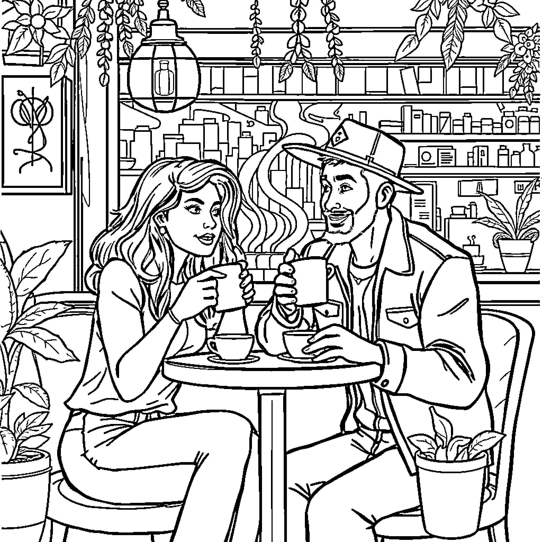 Person having a casual conversation at a cafe Coloring Page (free black-and-white line drawing printable PDF for all, from beginners to advanced learners, including children, teens, adults, and seniors)