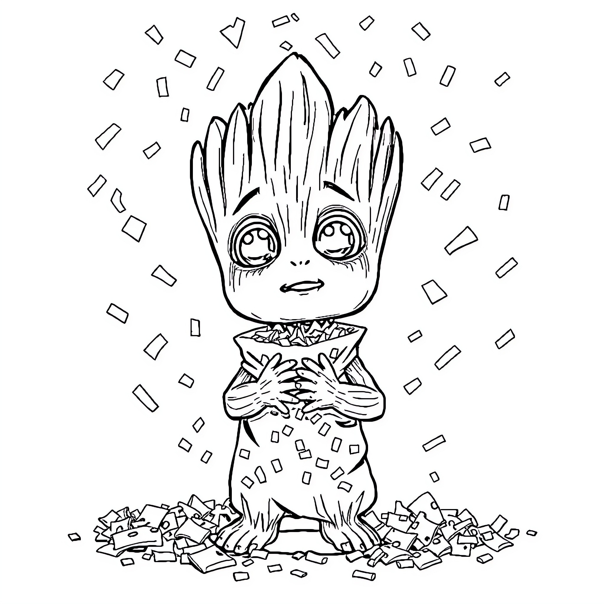 Baby Groot dancing with joy Coloring Page (free black-and-white line drawing printable PDF for all, from beginners to advanced learners, including children, teens, adults, and seniors)
