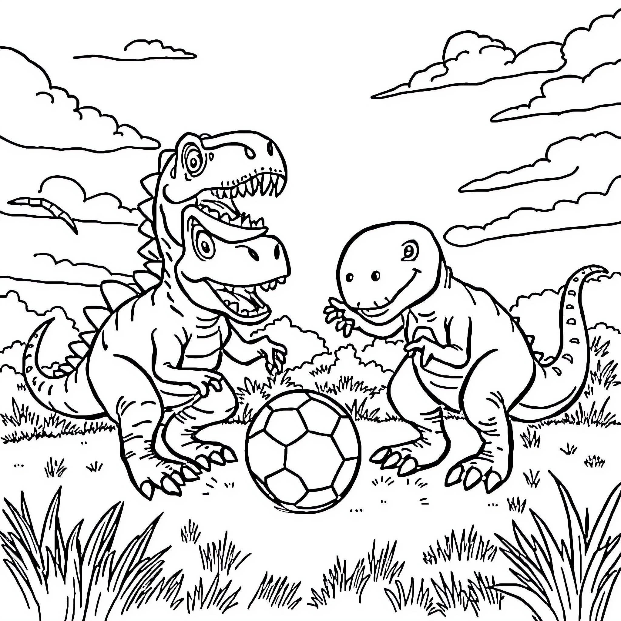 Dinosaurs playing with a soccer ball in the field Coloring Page (free black-and-white line drawing printable PDF for all, from beginners to advanced learners, including children, teens, adults, and seniors)