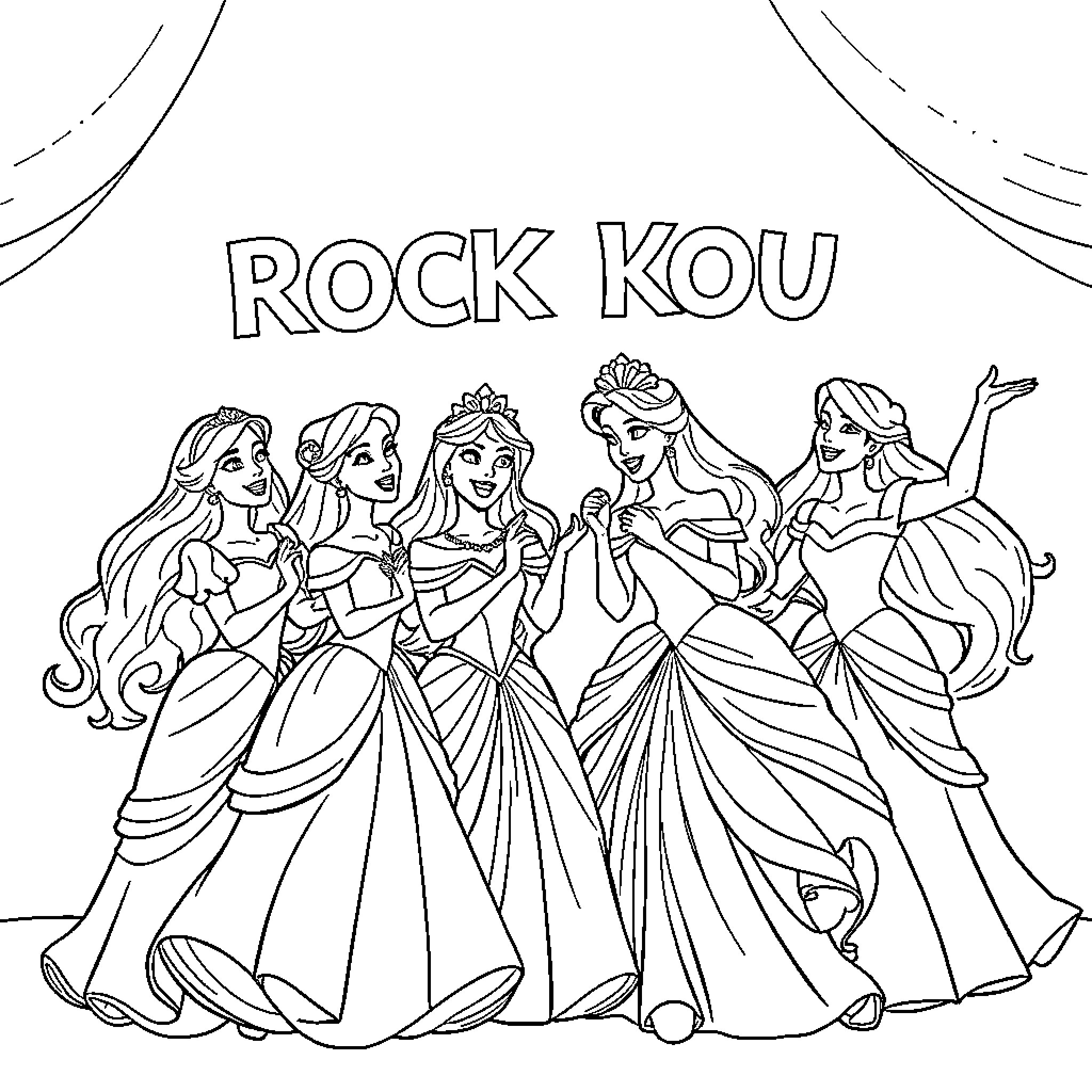 Disney Princesses in Formal Attire Posing Together Coloring Page (free black-and-white line drawing printable PDF for all, from beginners to advanced learners, including children, teens, adults, and seniors)