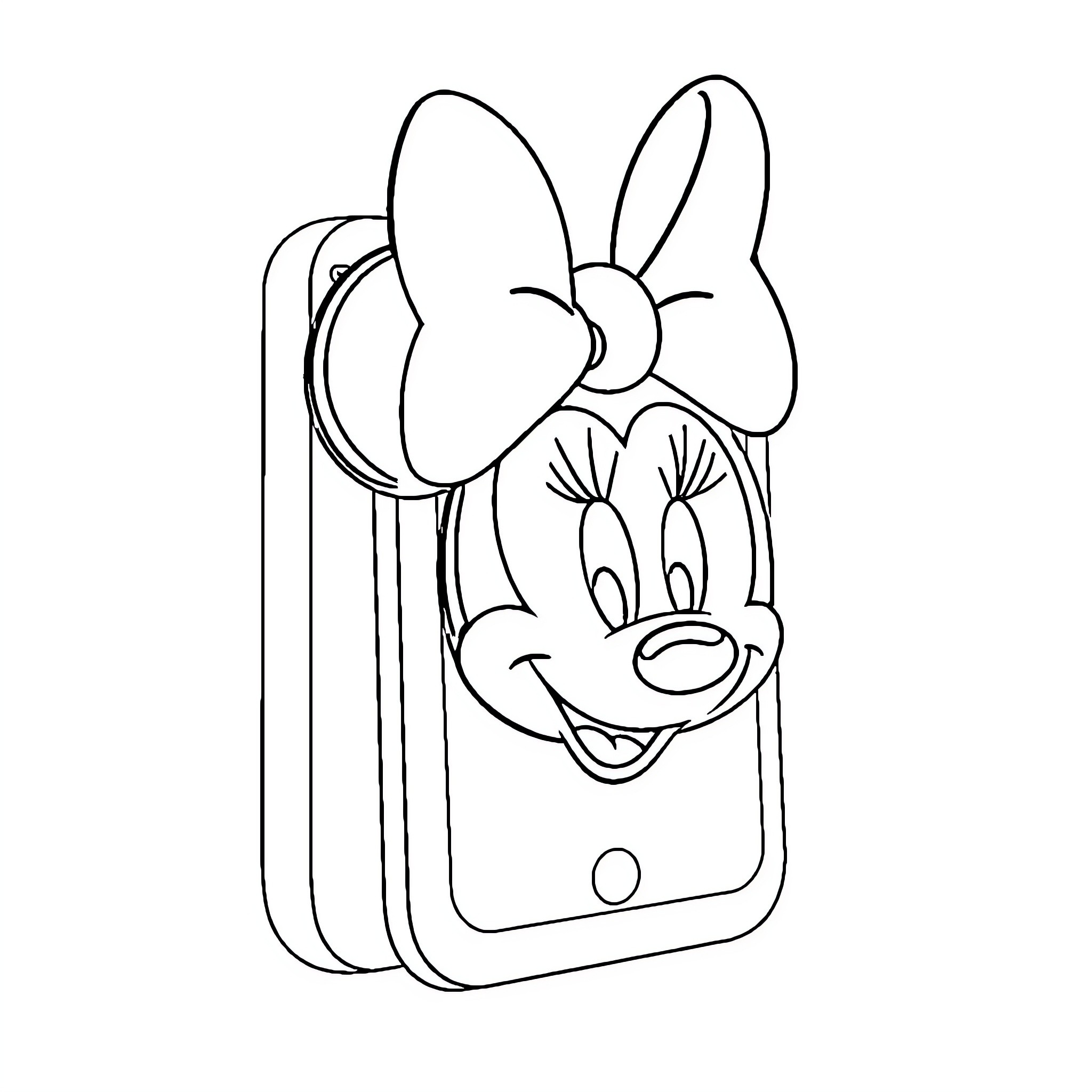 Minnie Mouse peeking out from smartphone Coloring Page (free black-and-white line drawing printable PDF for all, from beginners to advanced learners, including children, teens, adults, and seniors)