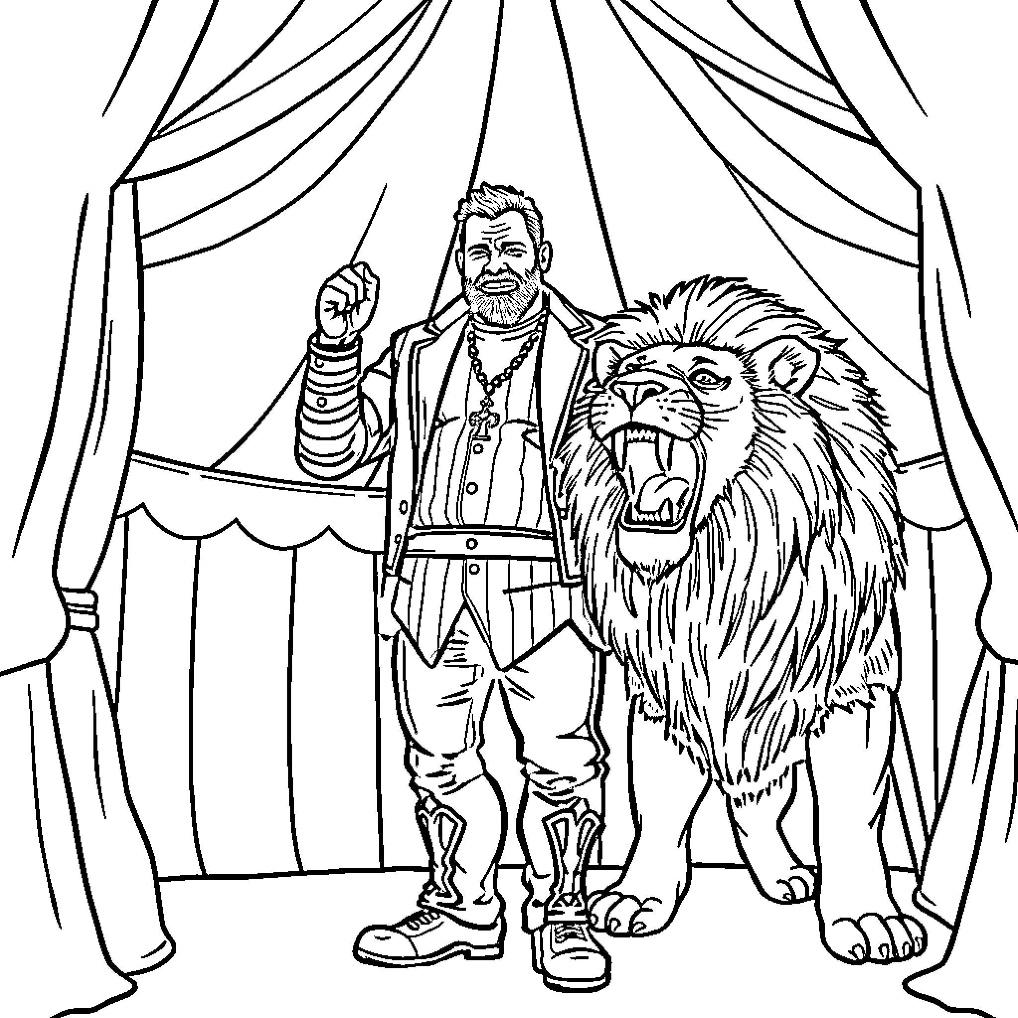 Lion Tamer performing in the circus stage Coloring Page (free black-and-white line drawing printable PDF for all, from beginners to advanced learners, including children, teens, adults, and seniors)