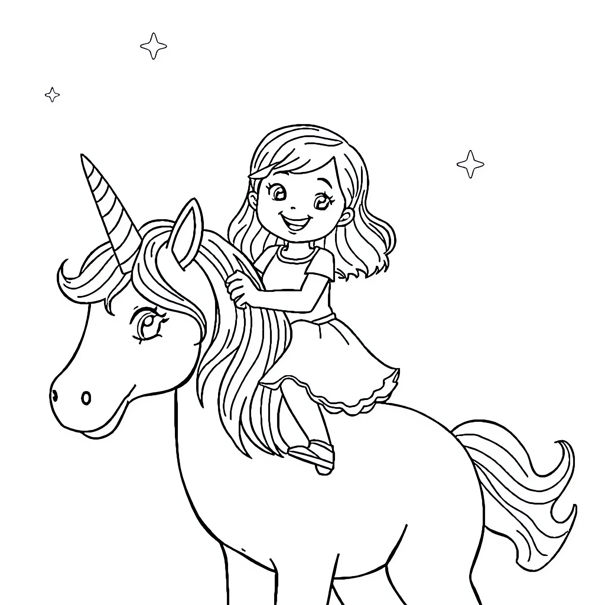 Unicorn Girl Riding Magical Unicorn Coloring Page (free black-and-white line drawing printable PDF for all, from beginners to advanced learners, including children, teens, adults, and seniors)