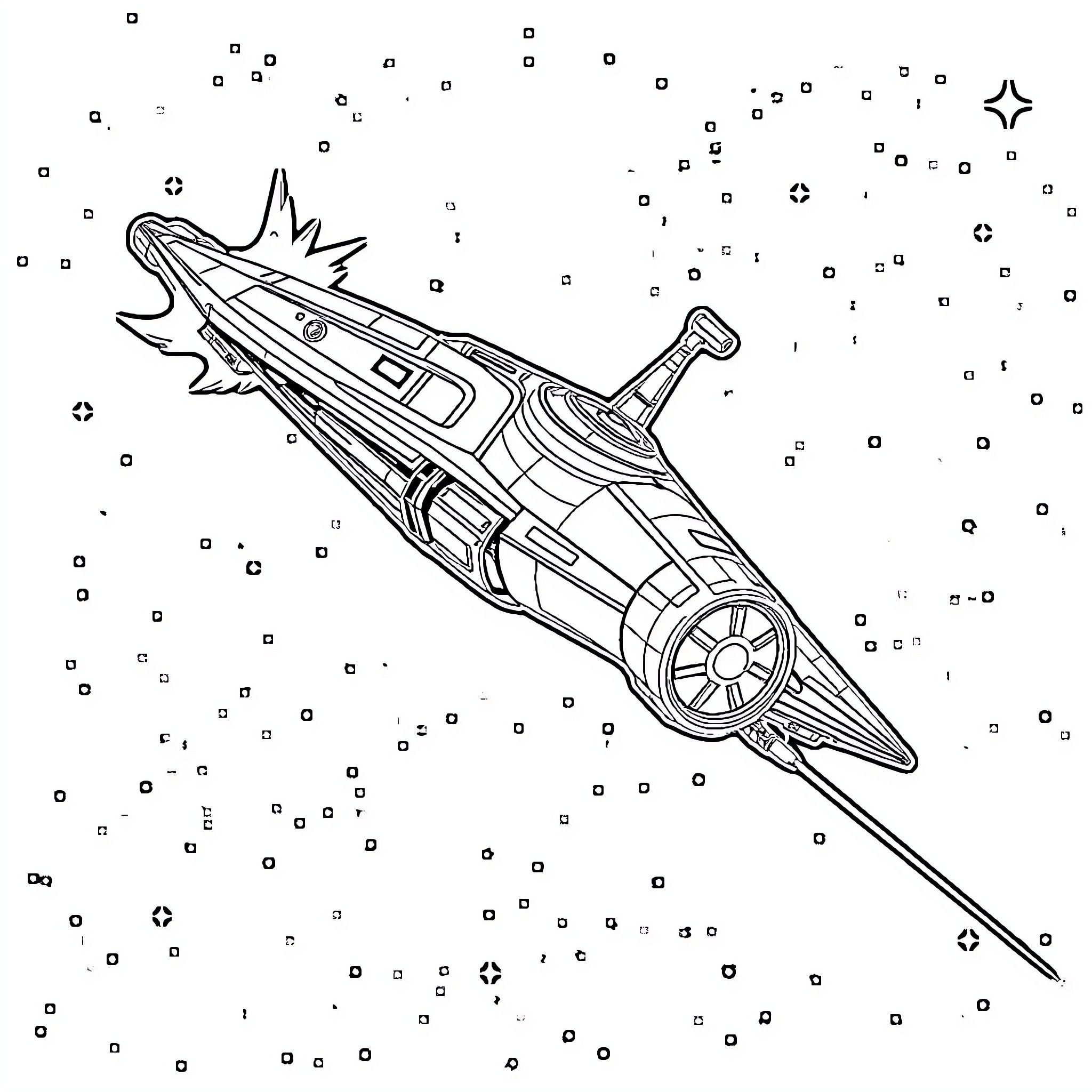 Boba Fett's Starship Soaring Through the Cosmos Coloring Page (free black-and-white line drawing printable PDF for all, from beginners to advanced learners, including children, teens, adults, and seniors)