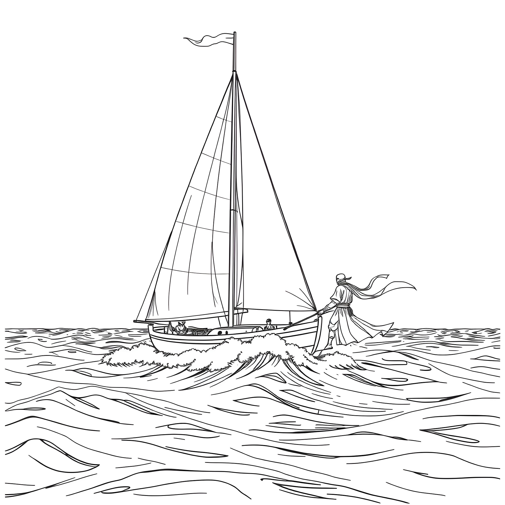 Schooner sailing through the rough waves Coloring Page (free black-and-white line drawing printable PDF for all, from beginners to advanced learners, including children, teens, adults, and seniors)