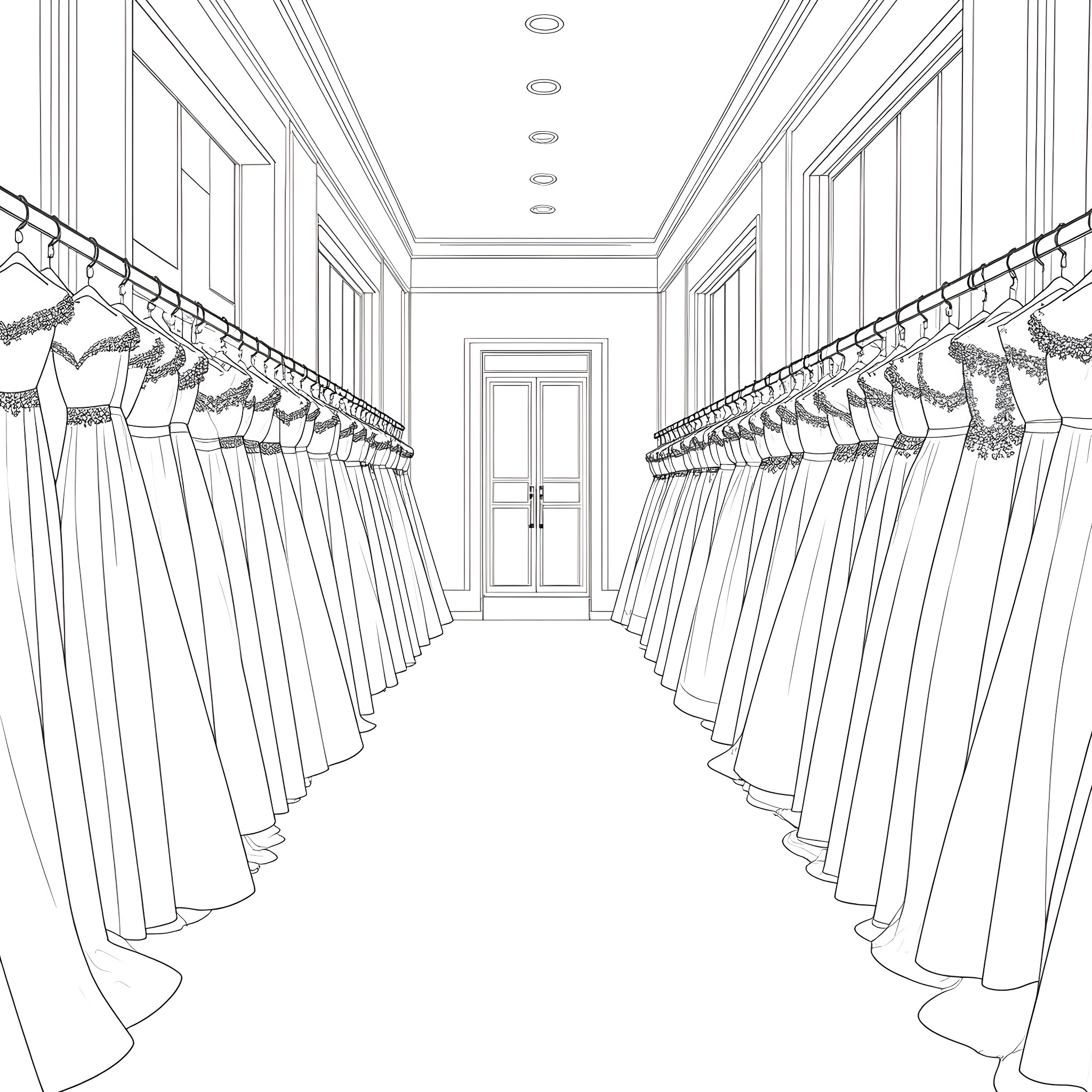 Wedding Dress Showroom with Hanging Dresses Coloring Page (free black-and-white line drawing printable PDF for all, from beginners to advanced learners, including children, teens, adults, and seniors)