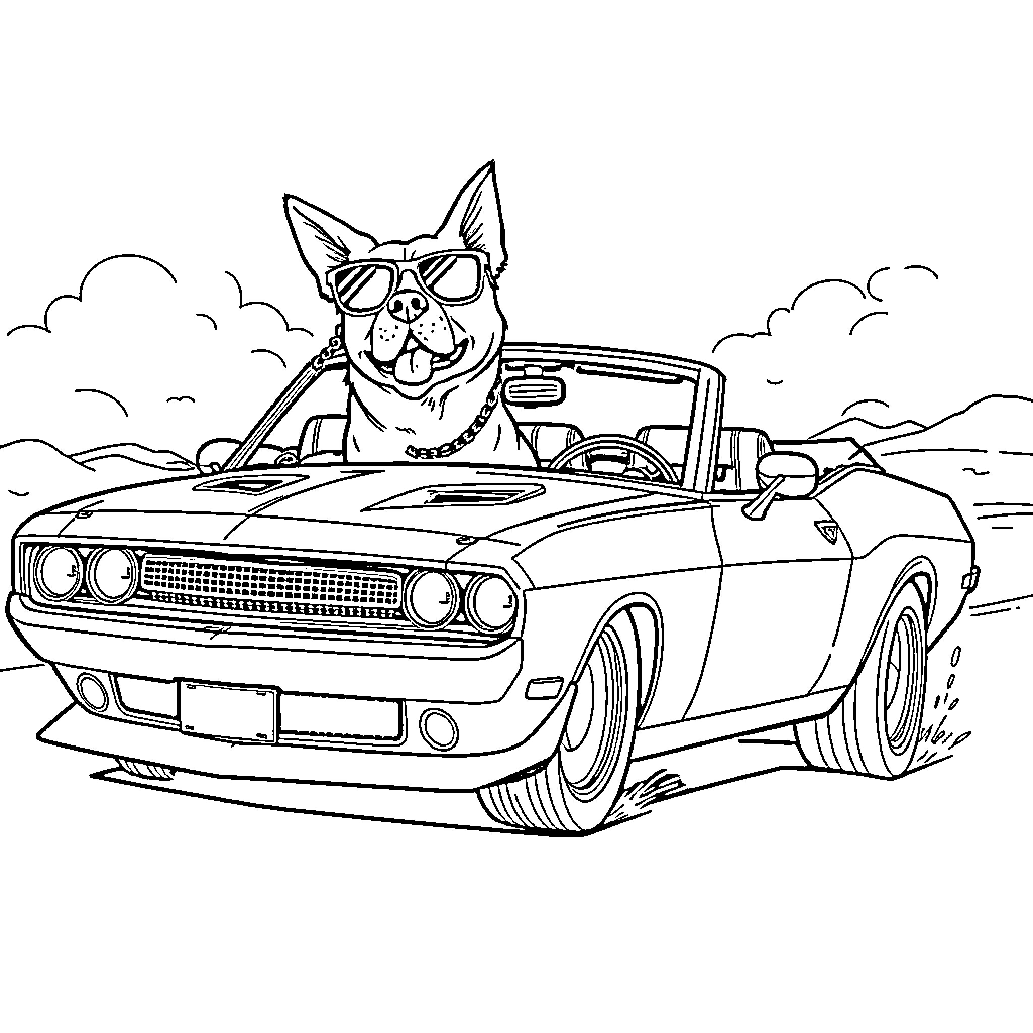 Car with Dog Driving Convertible Coloring Page (free black-and-white line drawing printable PDF for all, from beginners to advanced learners, including children, teens, adults, and seniors)