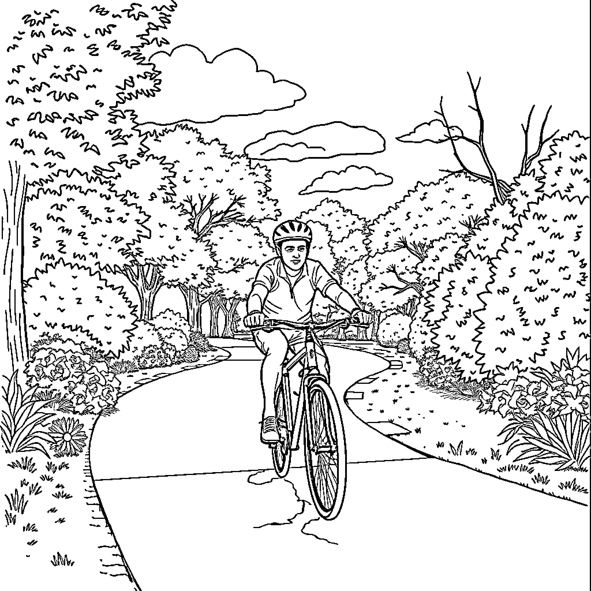 Man cycling on a path through a lush garden Coloring Page (free black-and-white line drawing printable PDF for all, from beginners to advanced learners, including children, teens, adults, and seniors)