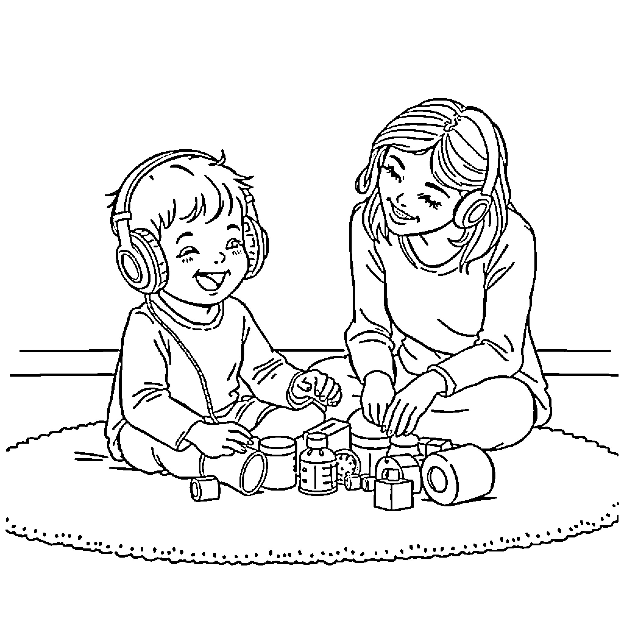 Kid playing happily with toys and caregiver Coloring Page (free black-and-white line drawing printable PDF for all, from beginners to advanced learners, including children, teens, adults, and seniors)