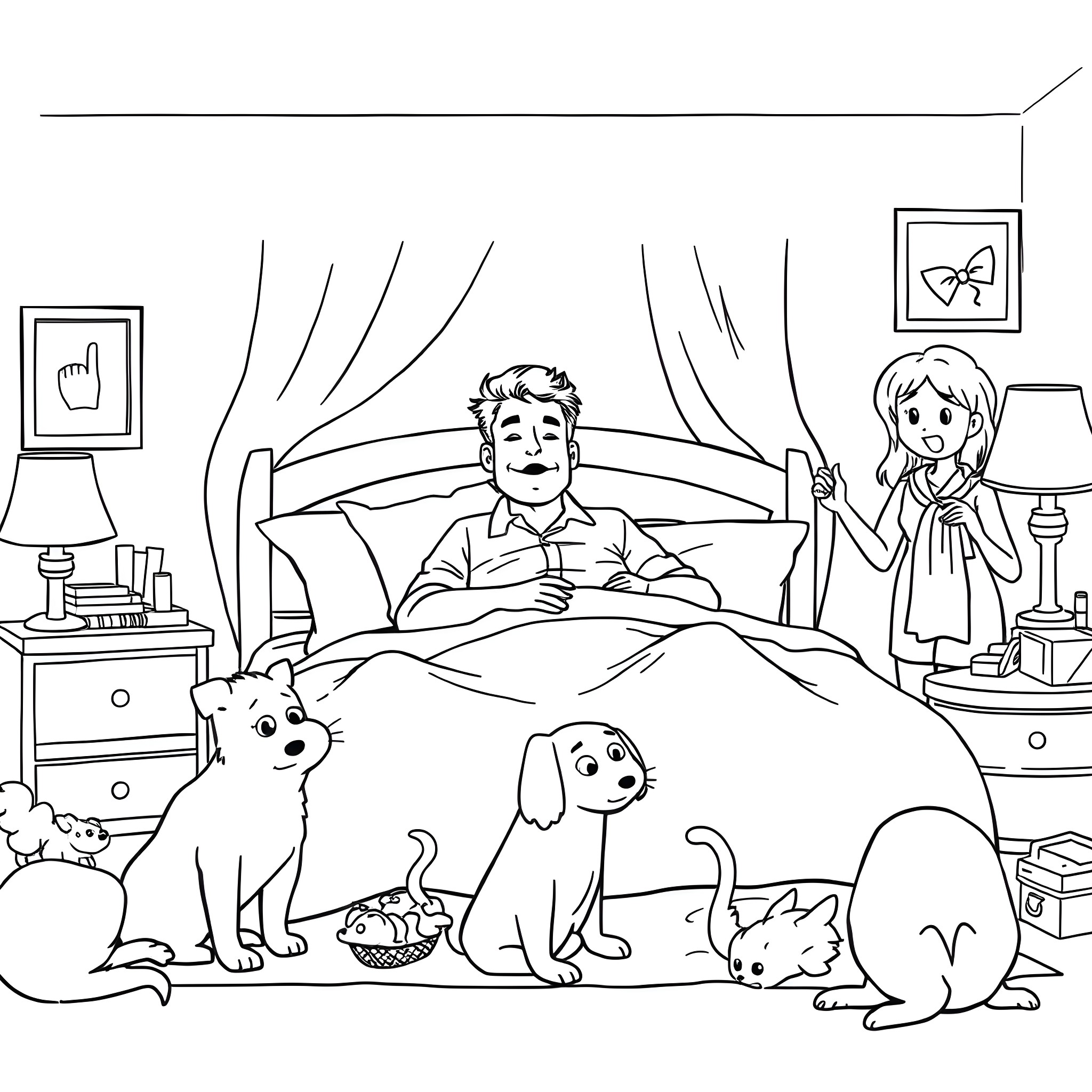 Husband resting in bed with pets Coloring Page (free black-and-white line drawing printable PDF for all, from beginners to advanced learners, including children, teens, adults, and seniors)