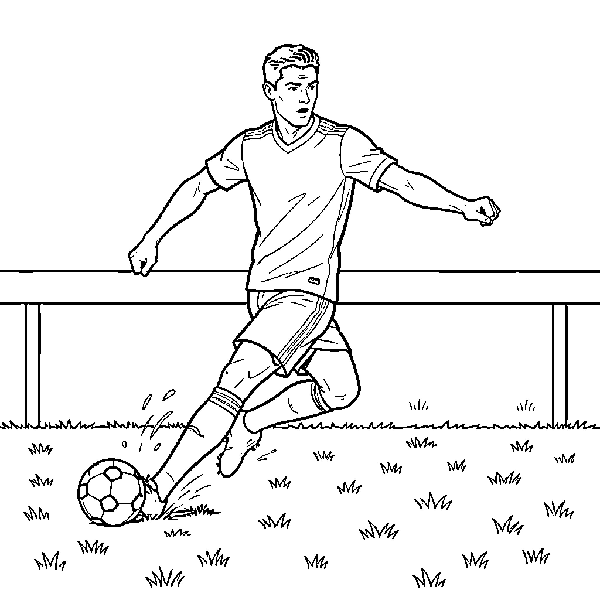 Ronaldo dribbling a soccer ball on the field Coloring Page (free black-and-white line drawing printable PDF for all, from beginners to advanced learners, including children, teens, adults, and seniors)