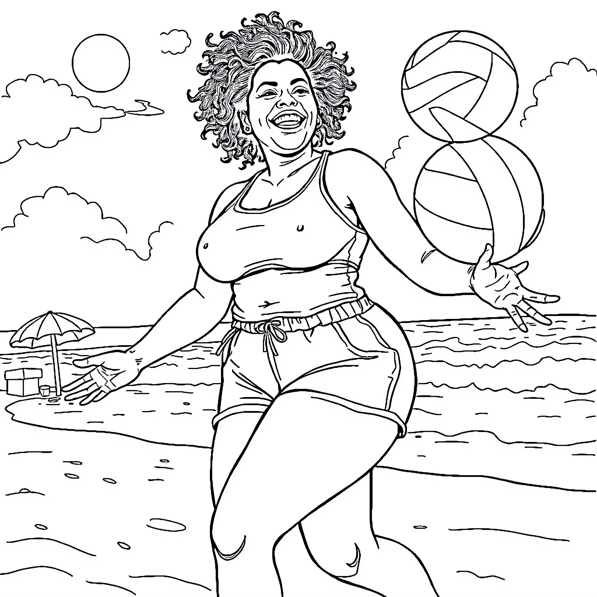 Woman enjoying beach volleyball on a sunny day Coloring Page (free black-and-white line drawing printable PDF for all, from beginners to advanced learners, including children, teens, adults, and seniors)