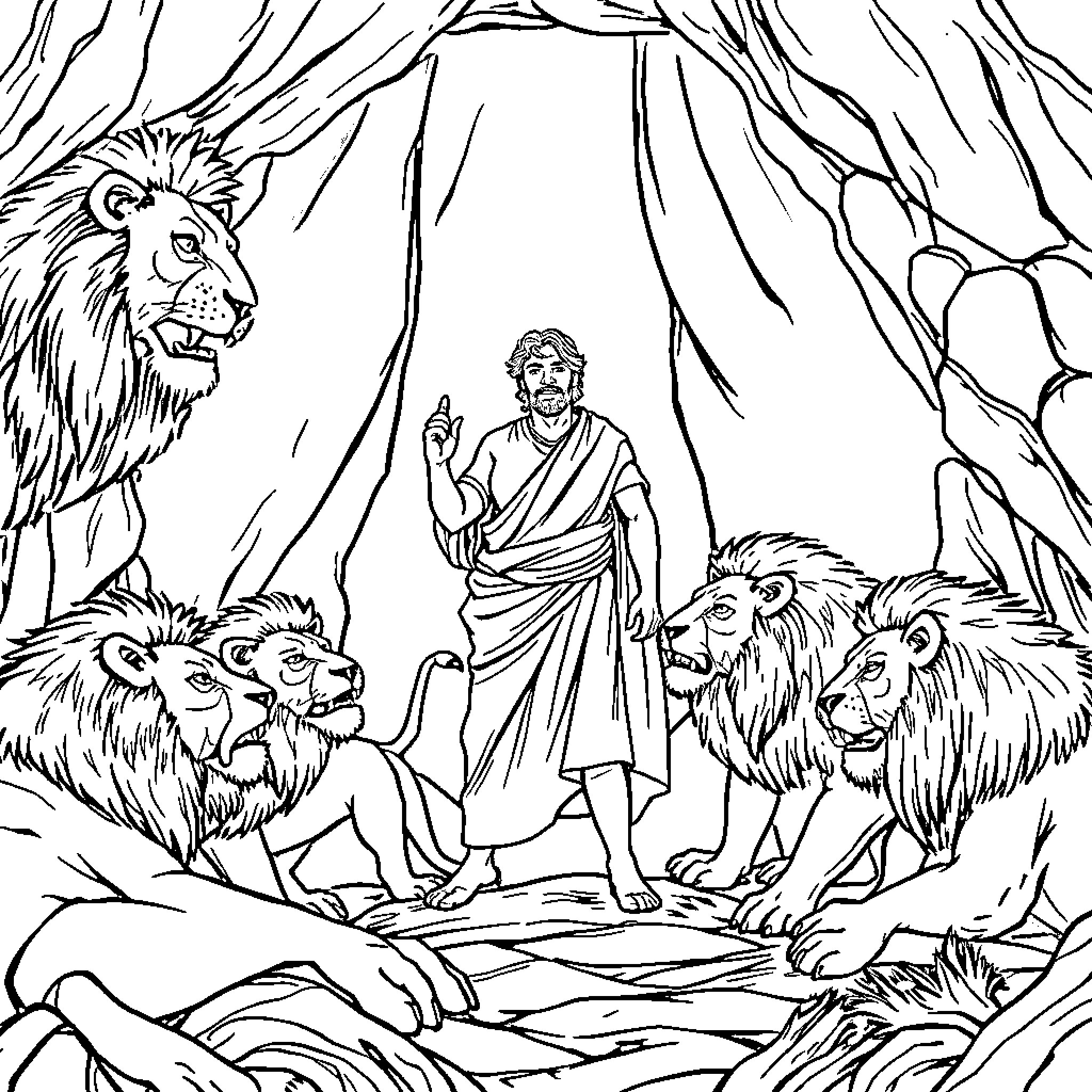Daniel commanding the lions in the wilderness Coloring Page (free black-and-white line drawing printable PDF for all, from beginners to advanced learners, including children, teens, adults, and seniors)