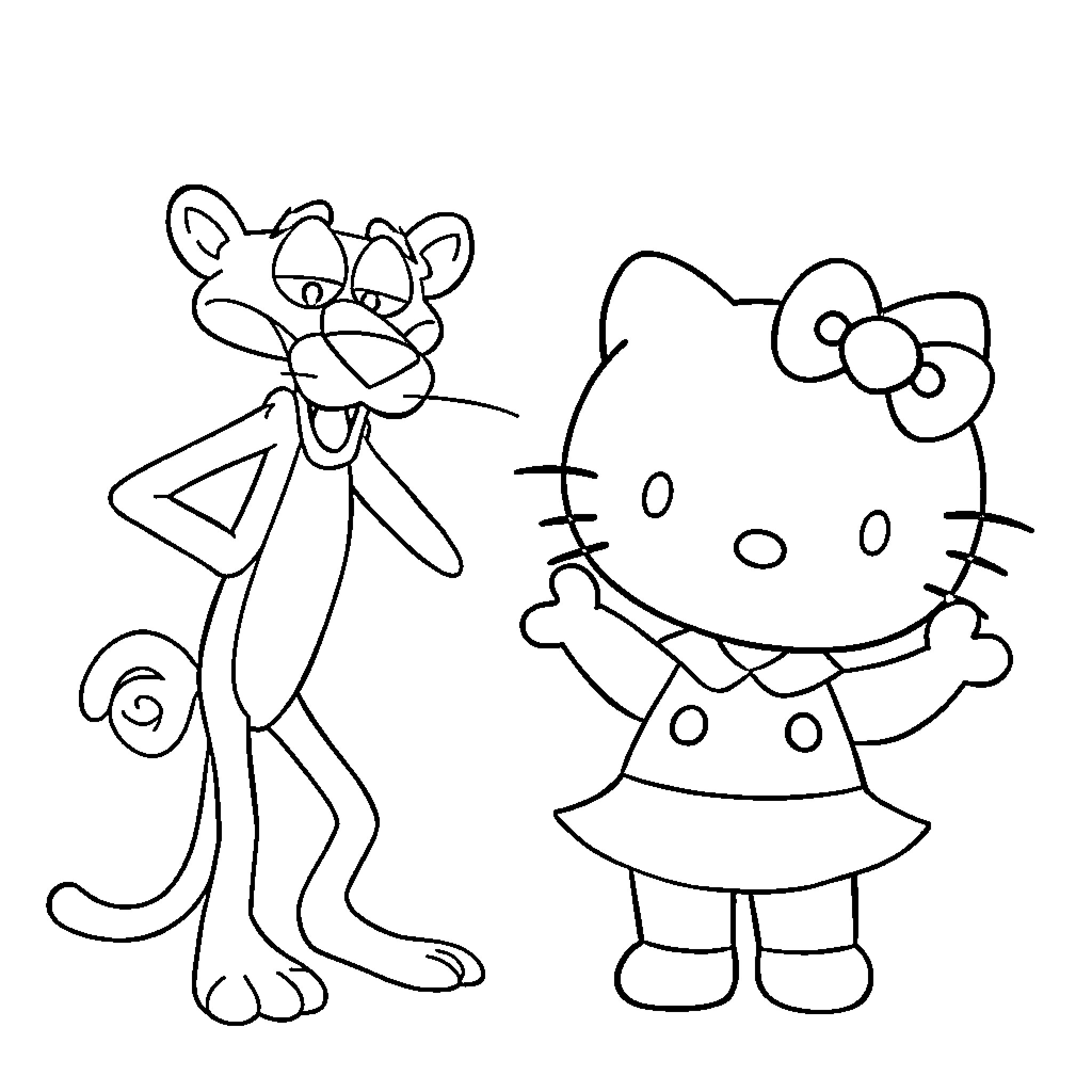 Pink Panther Meets Iconic Hello Kitty Character Coloring Page (free black-and-white line drawing printable PDF for all, from beginners to advanced learners, including children, teens, adults, and seniors)