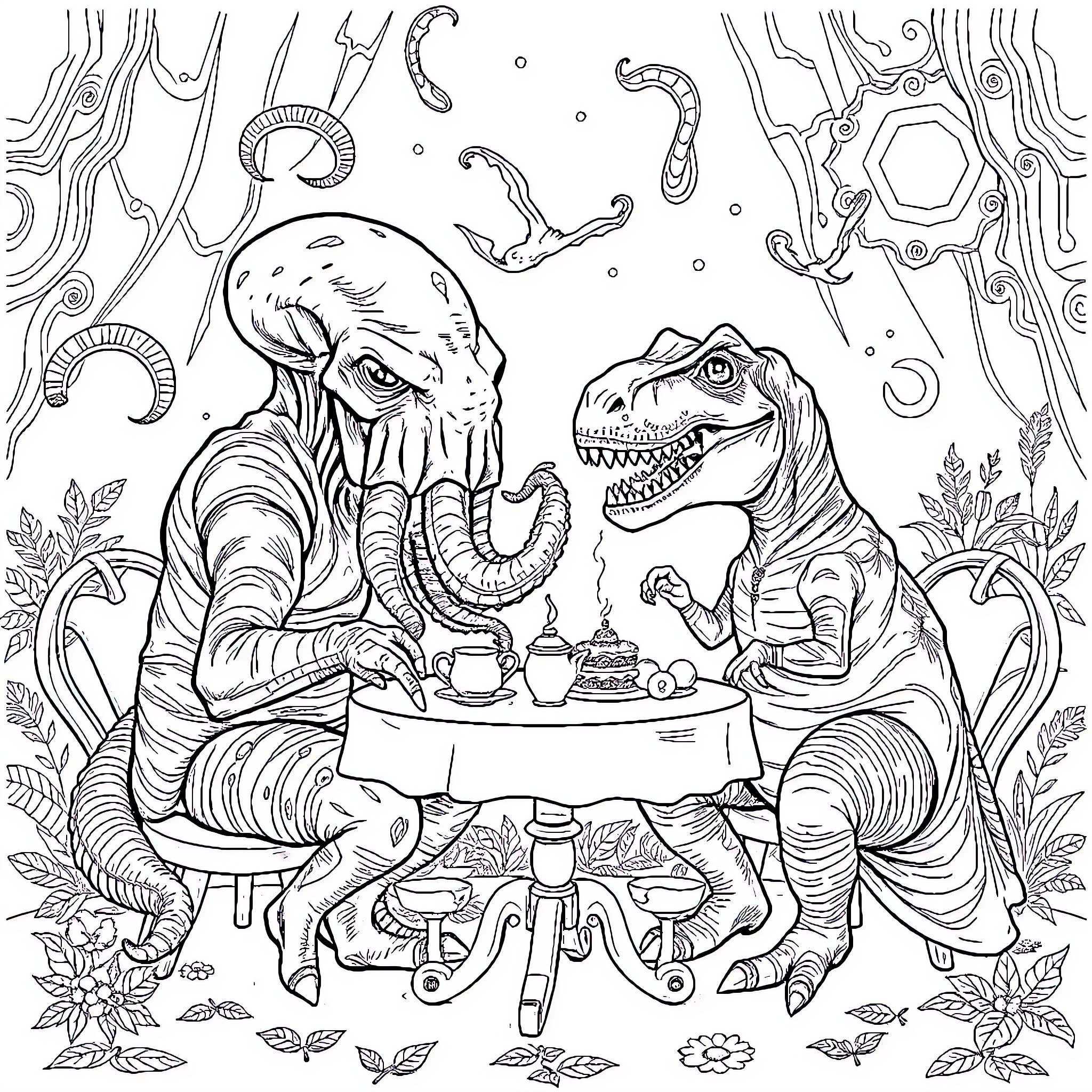 Cthulhu and Dinosaur Enjoying Tea Party in Whimsical Landscape Coloring Page (free black-and-white line drawing printable PDF for all, from beginners to advanced learners, including children, teens, adults, and seniors)