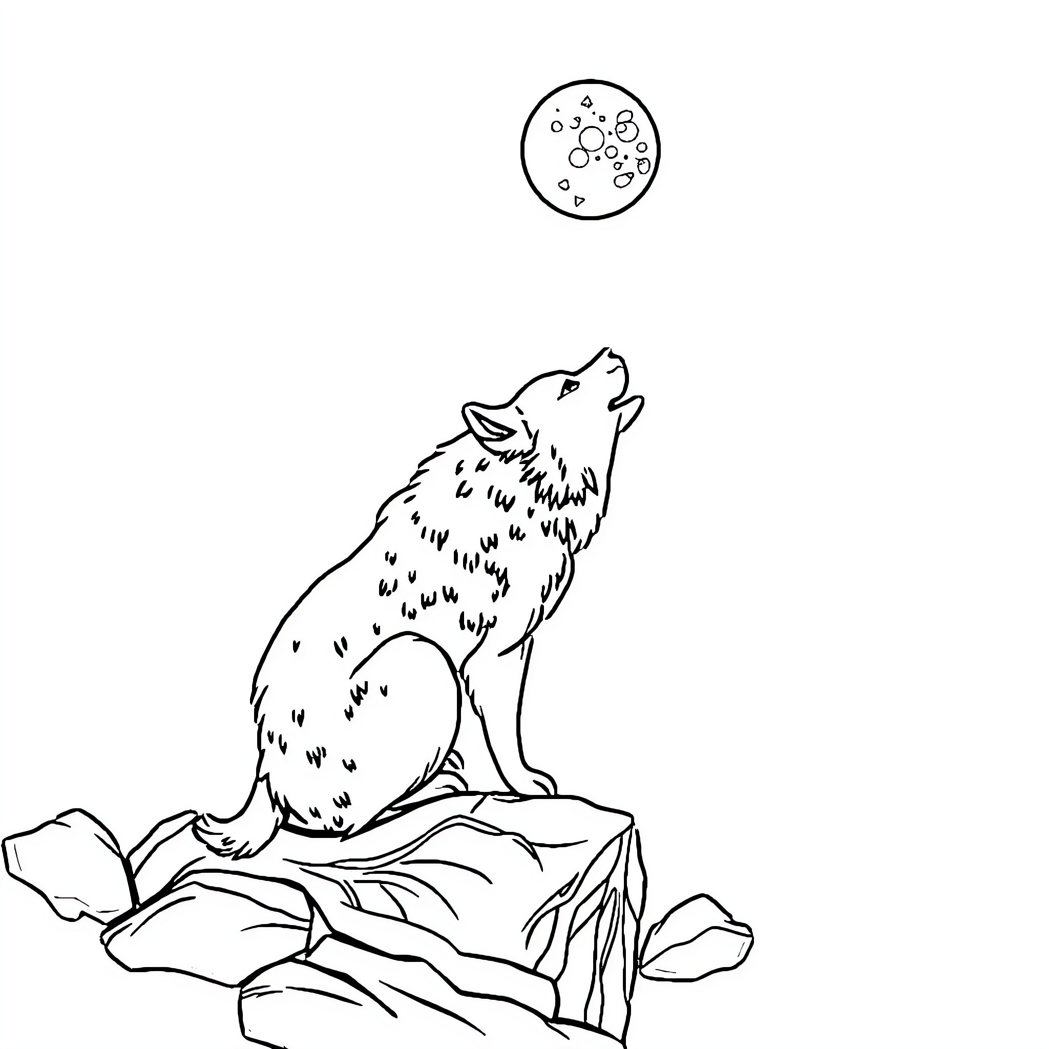 Lobo howling at the moon on rocky terrain Coloring Page (free black-and-white line drawing printable PDF for all, from beginners to advanced learners, including children, teens, adults, and seniors)