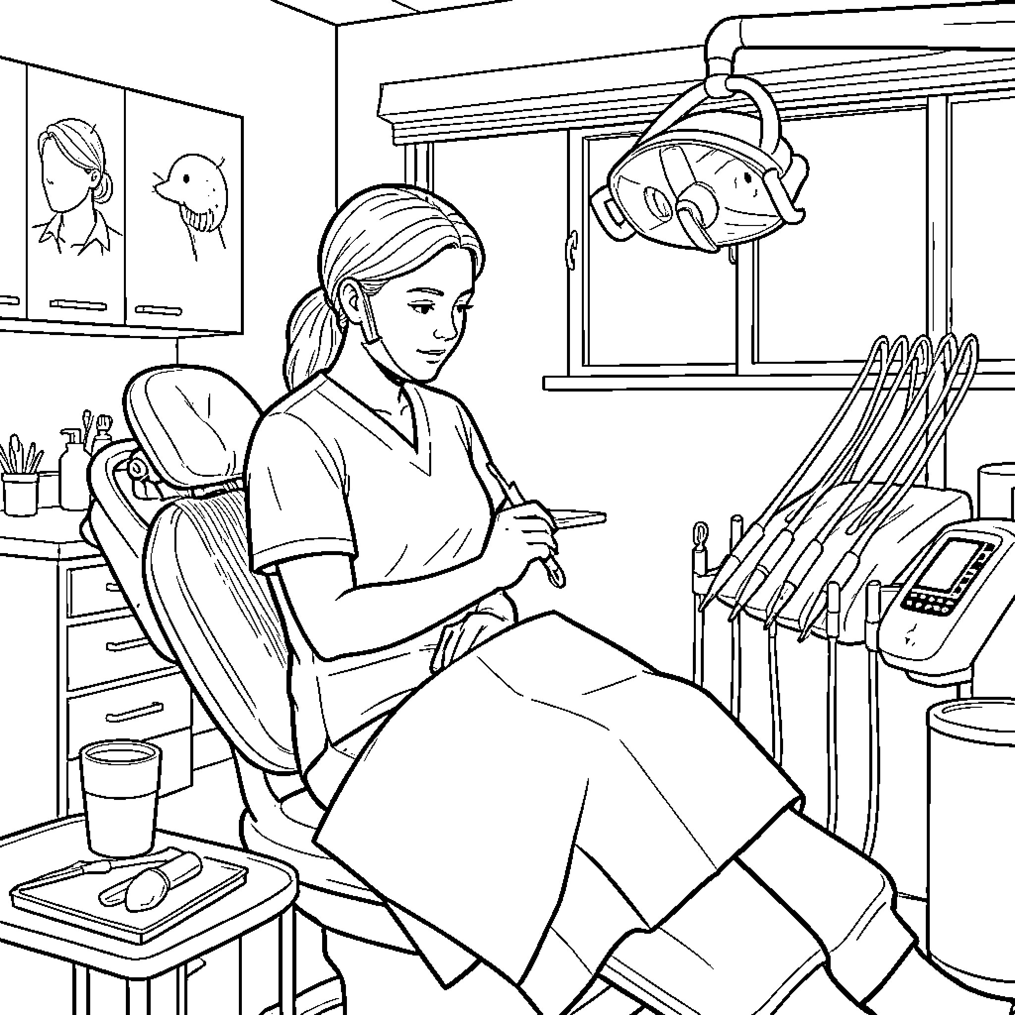 Dental Assistant Attending to Patient in Clinic Coloring Page (free black-and-white line drawing printable PDF for all, from beginners to advanced learners, including children, teens, adults, and seniors)