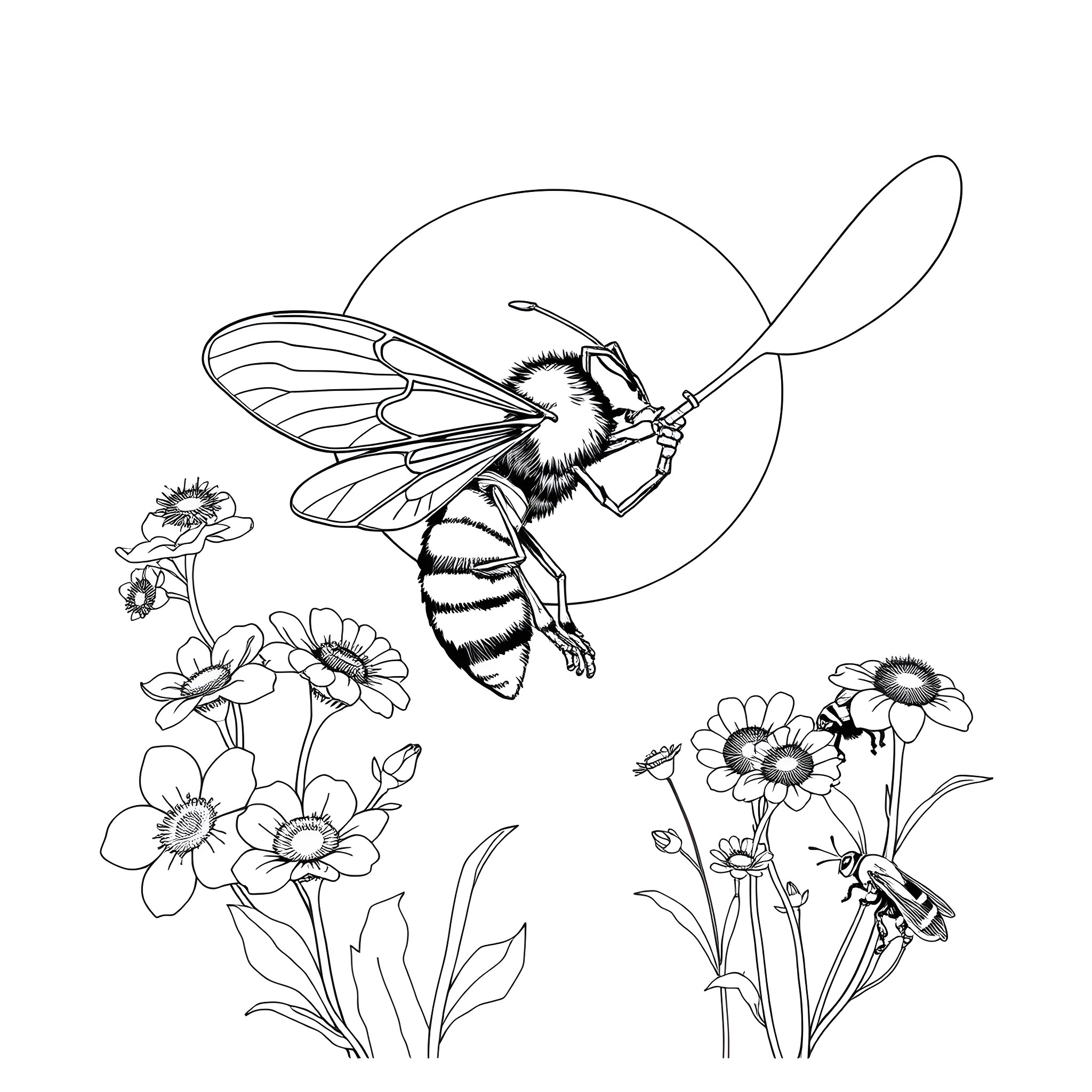 Biene Maja flying among flowers Coloring Page (free black-and-white line drawing printable PDF for all, from beginners to advanced learners, including children, teens, adults, and seniors)