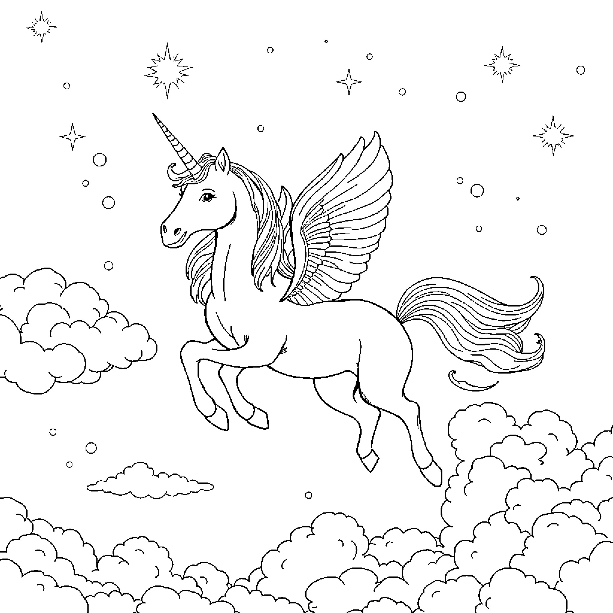Unicorn soaring among the clouds and stars Coloring Page (free black-and-white line drawing printable PDF for all, from beginners to advanced learners, including children, teens, adults, and seniors)