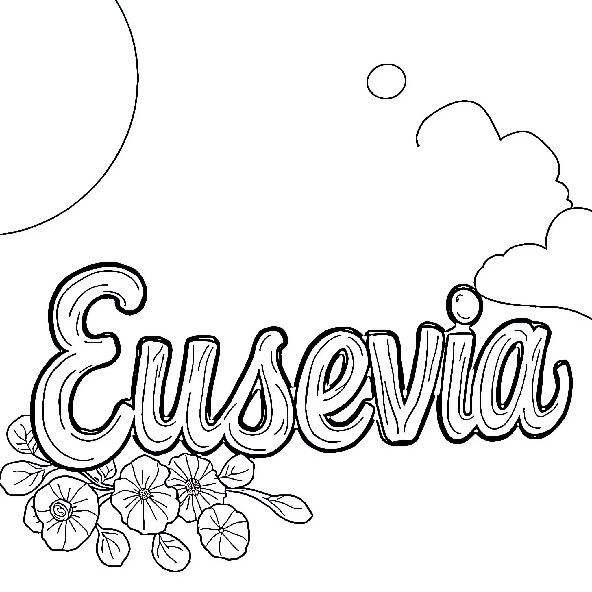 Eusevia's Floral Landscape Coloring Page (free black-and-white line drawing printable PDF for all, from beginners to advanced learners, including children, teens, adults, and seniors)