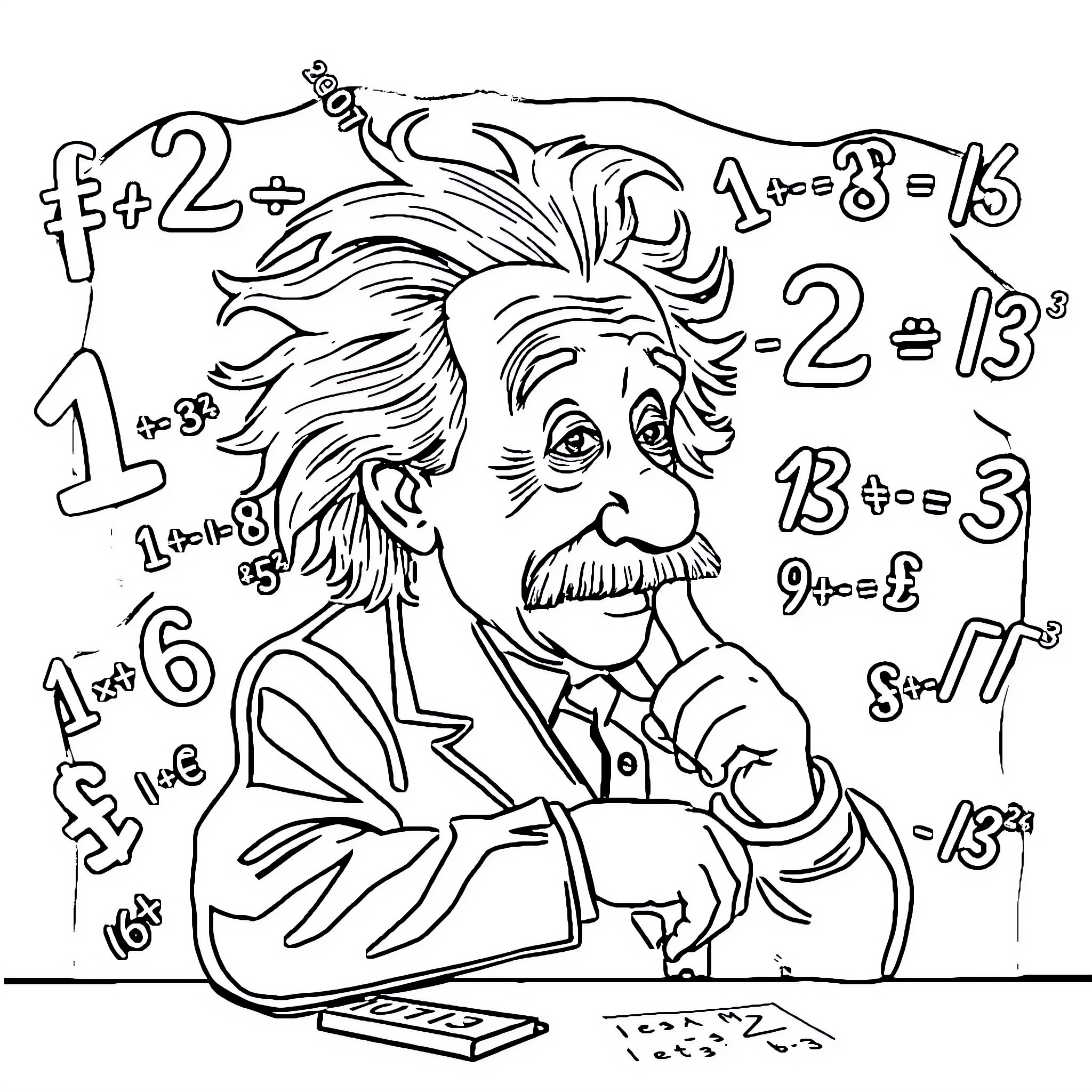Einstein ponders mathematical equations with concentration Coloring Page (free black-and-white line drawing printable PDF for all, from beginners to advanced learners, including children, teens, adults, and seniors)