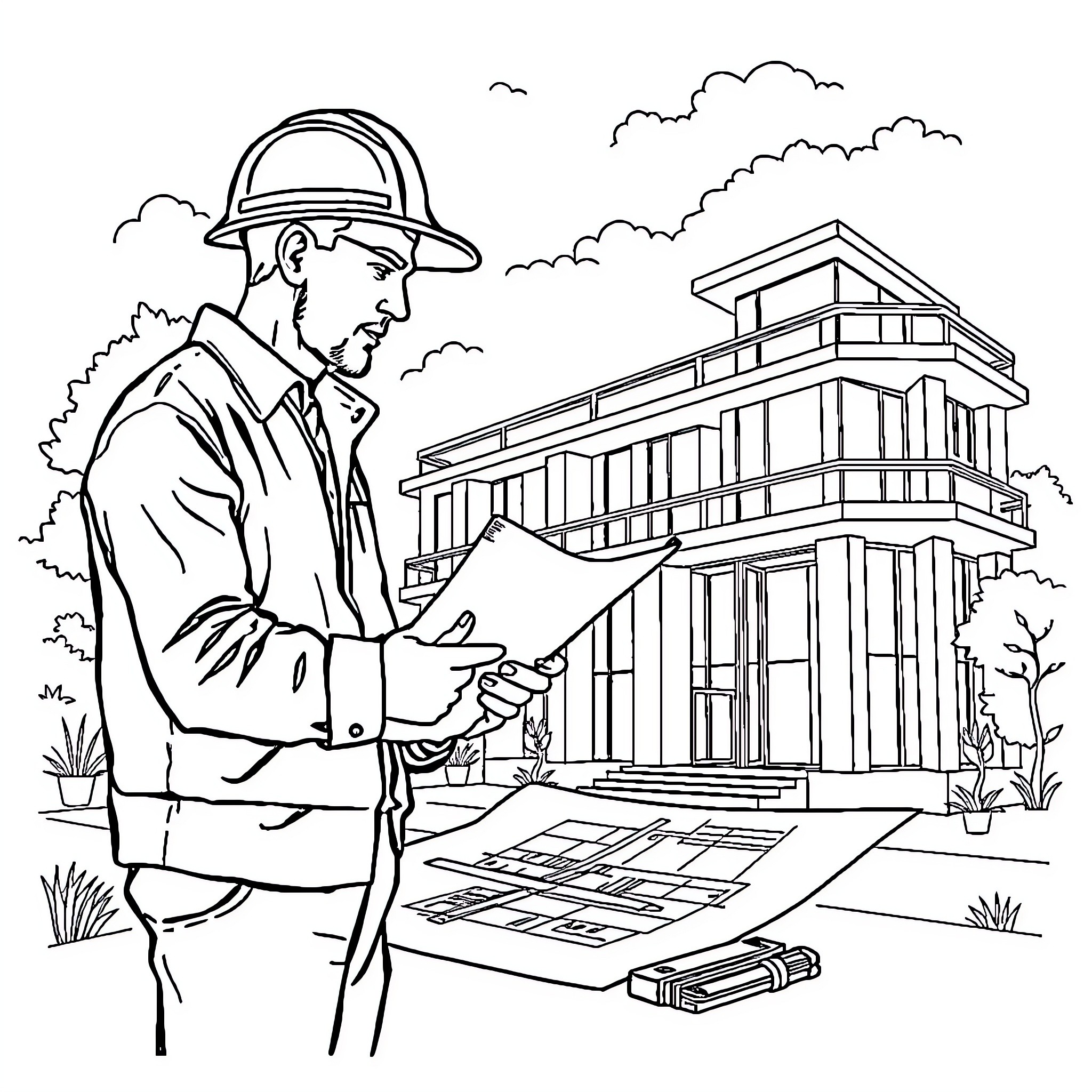 Architect discussing building plans on site Coloring Page (free black-and-white line drawing printable PDF for all, from beginners to advanced learners, including children, teens, adults, and seniors)
