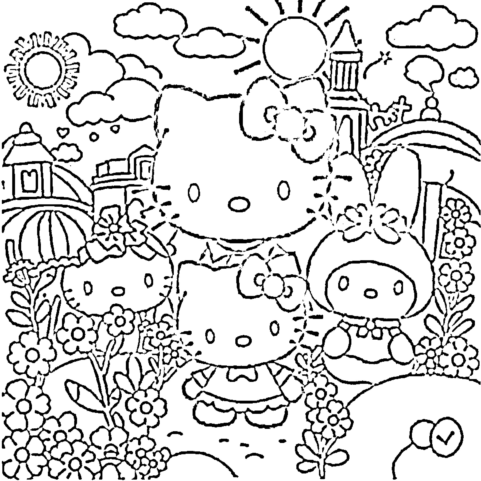 Sanrio Characters in Scenic Floral Landscape Coloring Page (free black-and-white line drawing printable PDF for all, from beginners to advanced learners, including children, teens, adults, and seniors)