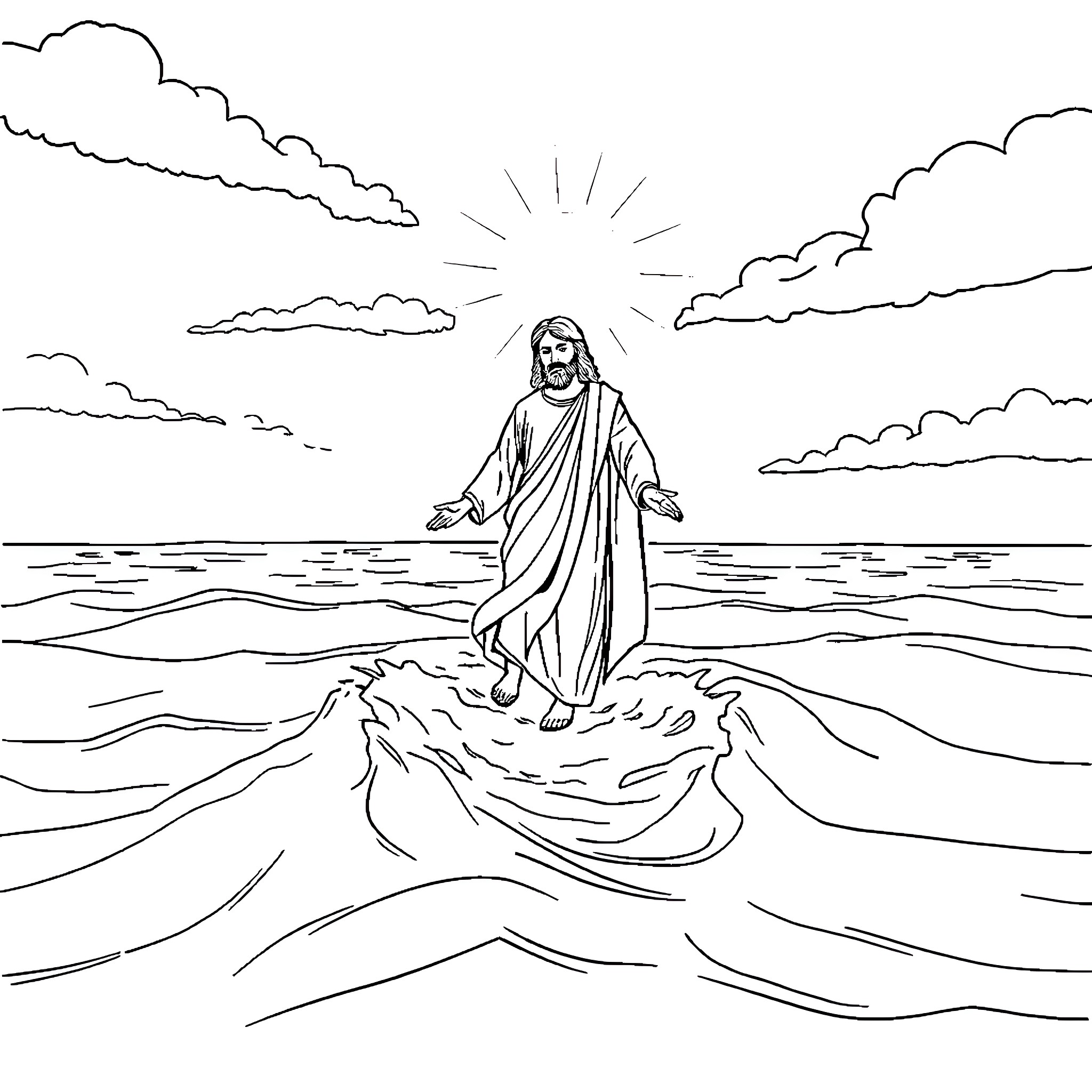 Jesus walking on the water in serene landscape Coloring Page (free black-and-white line drawing printable PDF for all, from beginners to advanced learners, including children, teens, adults, and seniors)