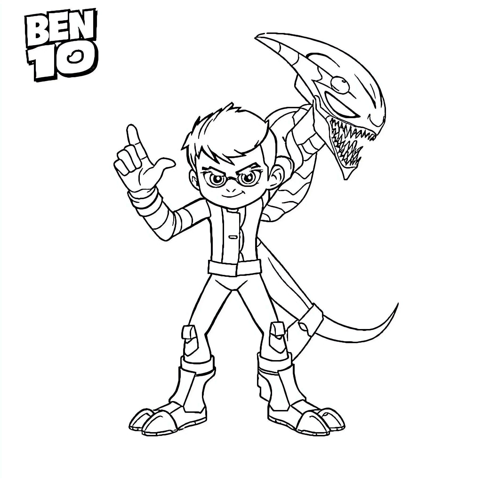 Ben 10 in action with alien creature Coloring Page (free black-and-white line drawing printable PDF for all, from beginners to advanced learners, including children, teens, adults, and seniors)