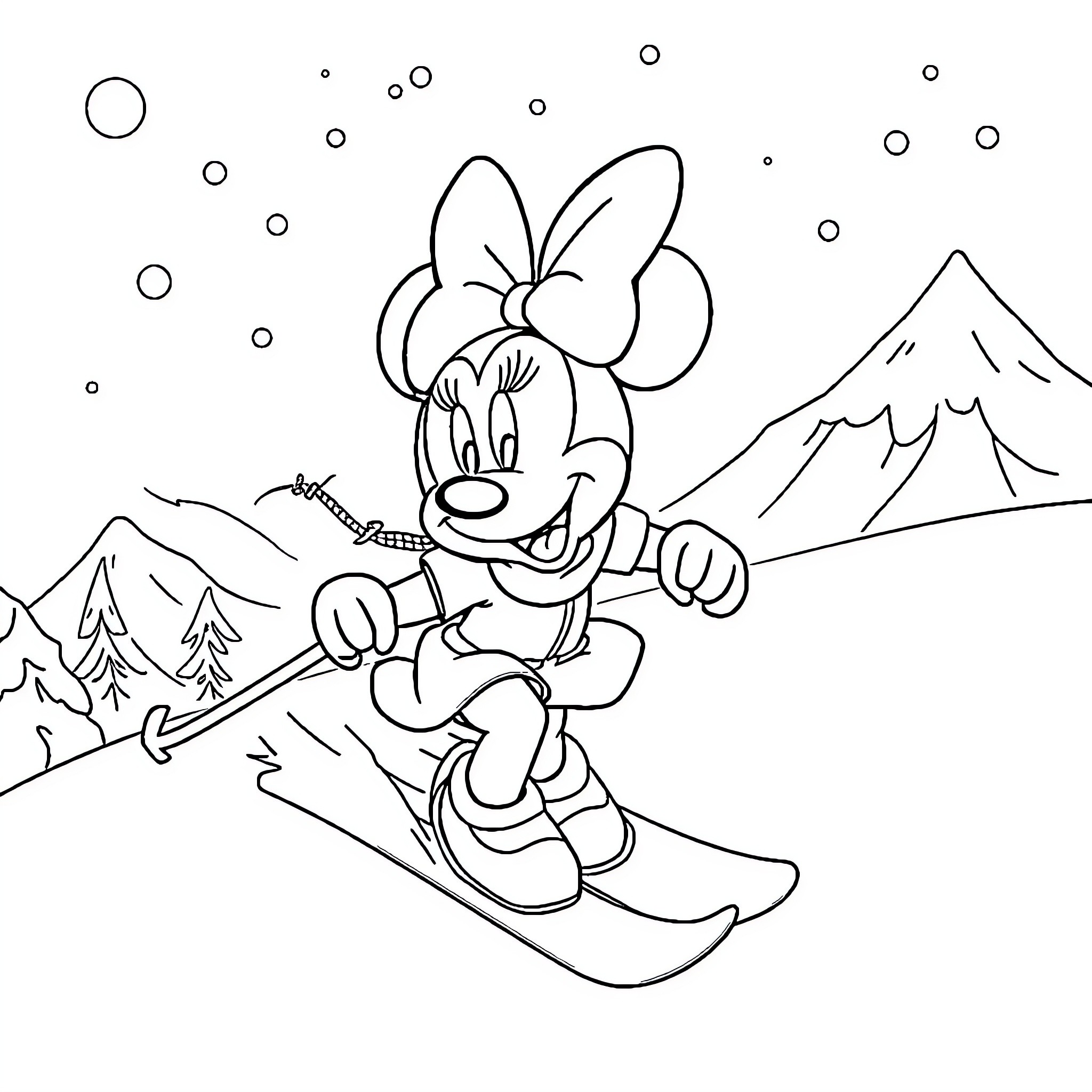 Minnie snowboarding in the mountains Coloring Page (free black-and-white line drawing printable PDF for all, from beginners to advanced learners, including children, teens, adults, and seniors)
