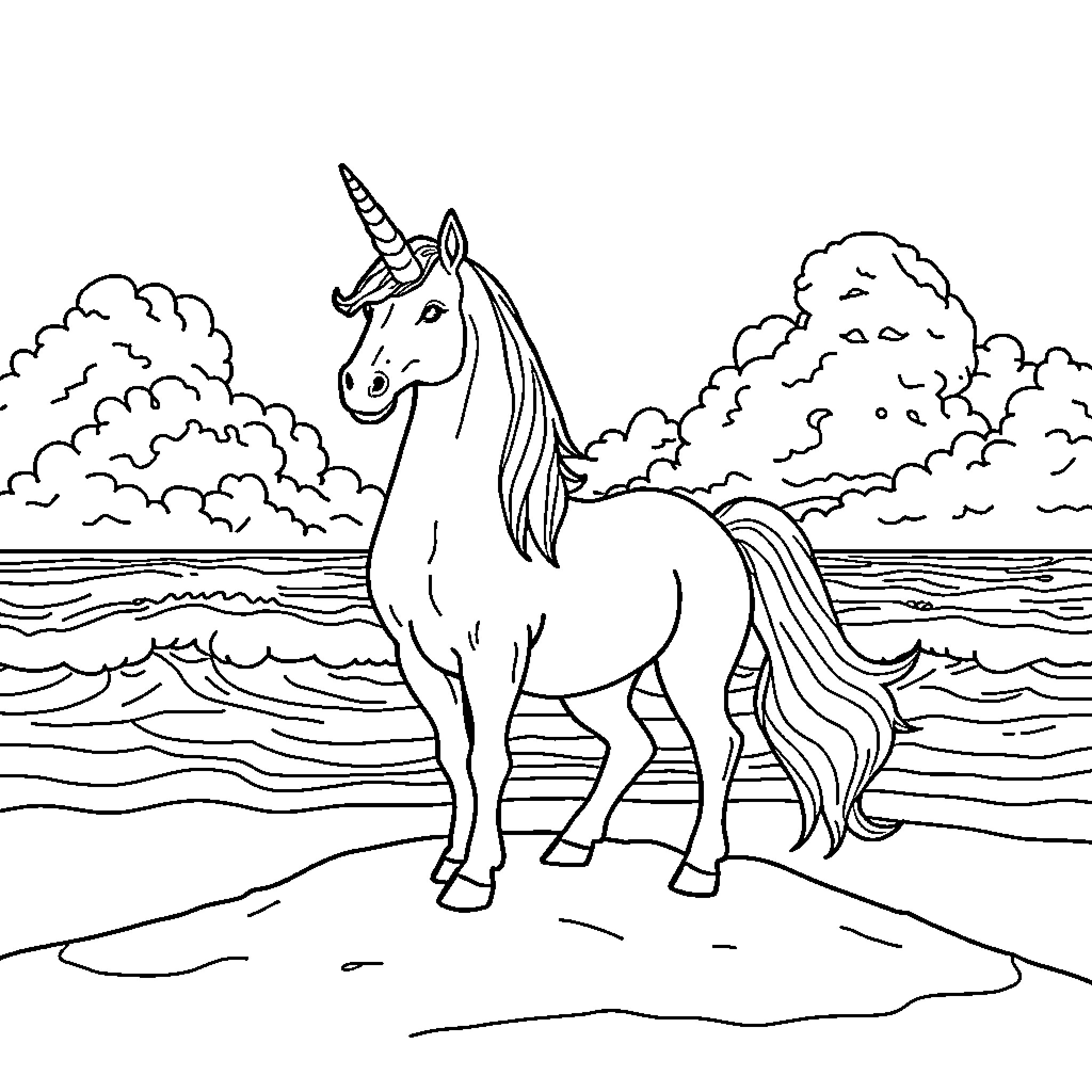 Unicorn standing proudly on the beach Coloring Page (free black-and-white line drawing printable PDF for all, from beginners to advanced learners, including children, teens, adults, and seniors)