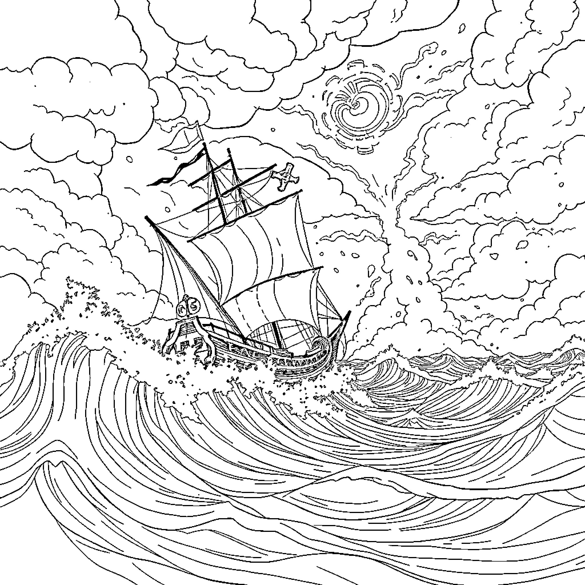 Pirate Boat Sailing Through Stormy Seas Coloring Page (free black-and-white line drawing printable PDF for all, from beginners to advanced learners, including children, teens, adults, and seniors)