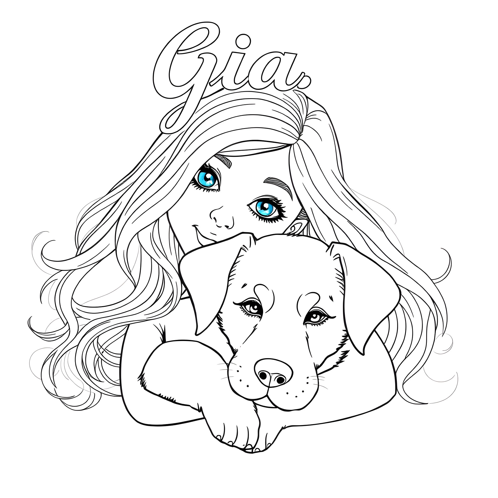 Girl cuddling with her cute puppy Coloring Page (free black-and-white line drawing printable PDF for all, from beginners to advanced learners, including children, teens, adults, and seniors)