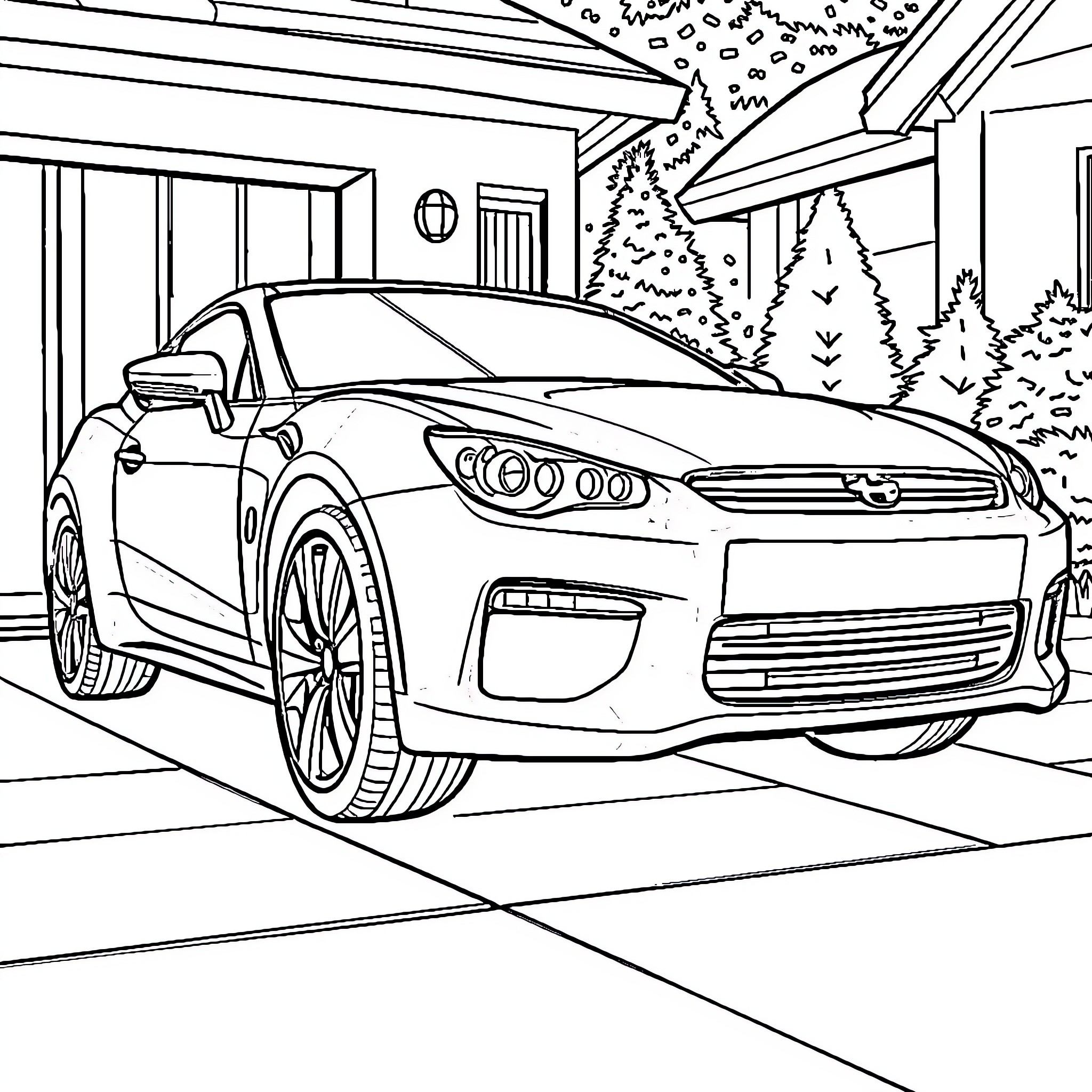 Car parked in front of house with trees Coloring Page (free black-and-white line drawing printable PDF for all, from beginners to advanced learners, including children, teens, adults, and seniors)
